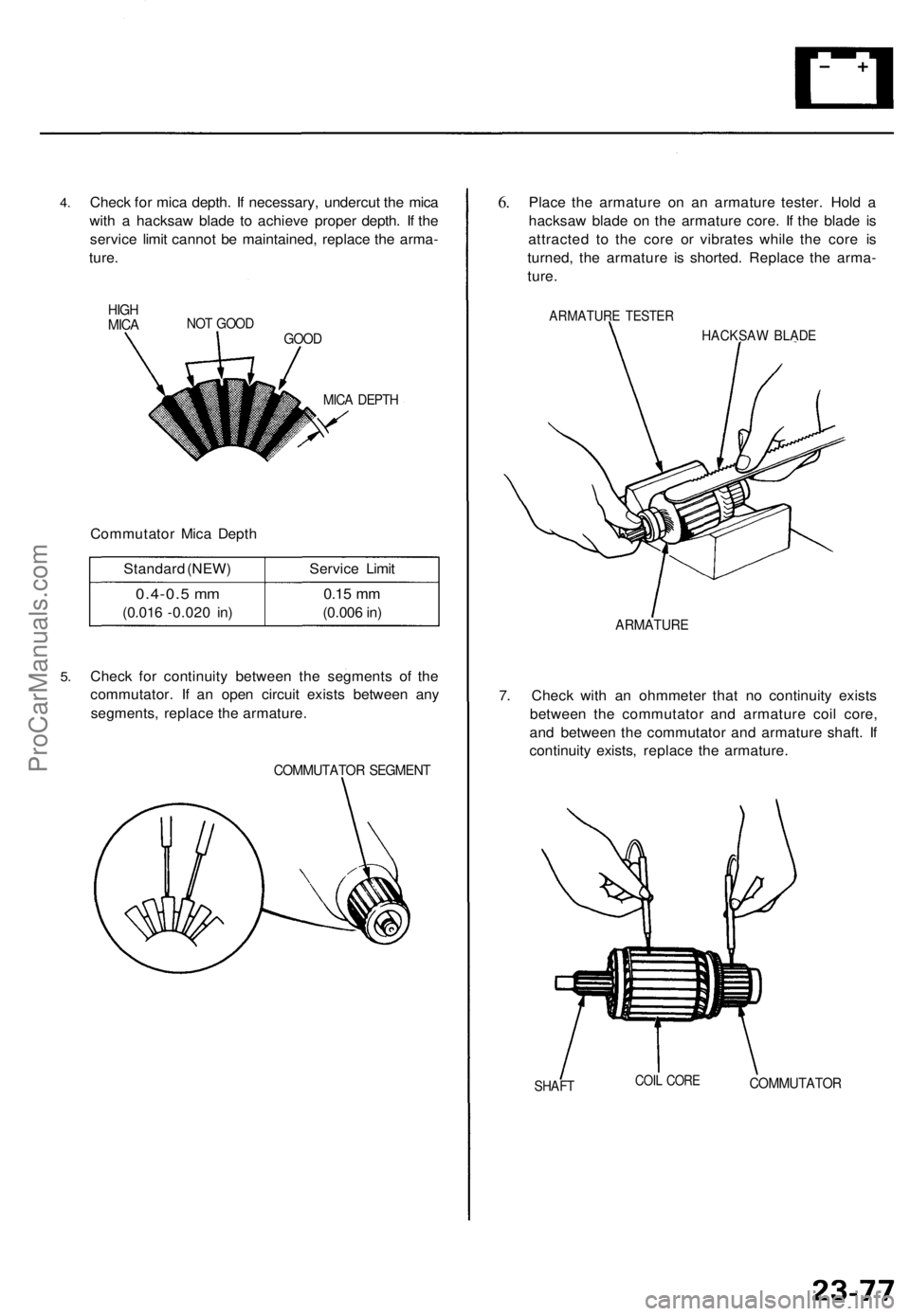 ACURA TL 1995 Service Repair Manual
4.
Check for mica depth. If necessary, undercut the mica
with a hacksaw blade to achieve proper depth. If the
service limit cannot be maintained, replace the arma-
ture.
HIGH
MICA
NOT GOOD
GO ACURA TL 1995 Service Repair Manual
4.
Check for mica depth. If necessary, undercut the mica
with a hacksaw blade to achieve proper depth. If the
service limit cannot be maintained, replace the arma-
ture.
HIGH
MICA
NOT GOOD
GO