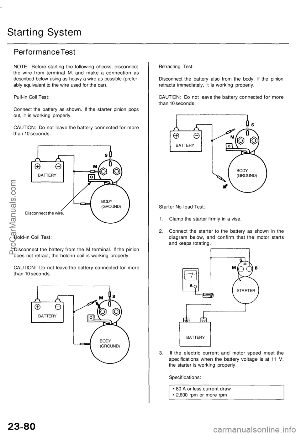 ACURA TL 1995 Service Repair Manual
Starting System
Performance Test
NOTE: Before starting the following checks, disconnect
the wire from terminal M, and make a connection as
described below using as heavy a wire as possible (prefe ACURA TL 1995 Service Repair Manual
Starting System
Performance Test
NOTE: Before starting the following checks, disconnect
the wire from terminal M, and make a connection as
described below using as heavy a wire as possible (prefe