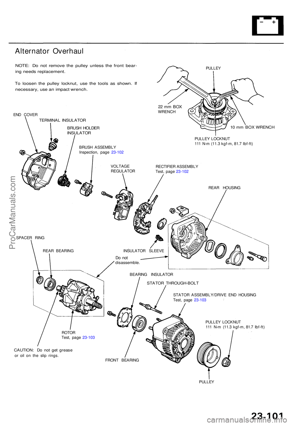 ACURA TL 1995 Service Repair Manual Alternator Overhau l
NOTE: D o no t remov e th e pulle y unles s th e fron t bear -
in g need s replacement .
T o loose n th e pulle y locknut , us e th e tool s a s shown . I f
necessary , us e a n i ACURA TL 1995 Service Repair Manual Alternator Overhau l
NOTE: D o no t remov e th e pulle y unles s th e fron t bear -
in g need s replacement .
T o loose n th e pulle y locknut , us e th e tool s a s shown . I f
necessary , us e a n i