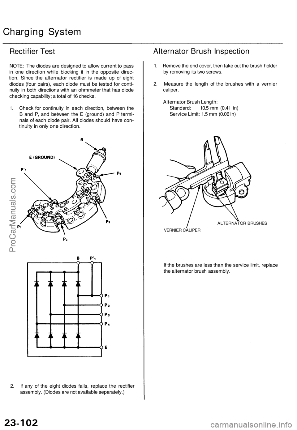 ACURA TL 1995 Service Repair Manual
Charging System
Rectifier Test
NOTE: The diodes are designed to allow current to pass
in one direction while blocking it in the opposite direc-
tion. Since the alternator rectifier is made up of ACURA TL 1995 Service Repair Manual
Charging System
Rectifier Test
NOTE: The diodes are designed to allow current to pass
in one direction while blocking it in the opposite direc-
tion. Since the alternator rectifier is made up of