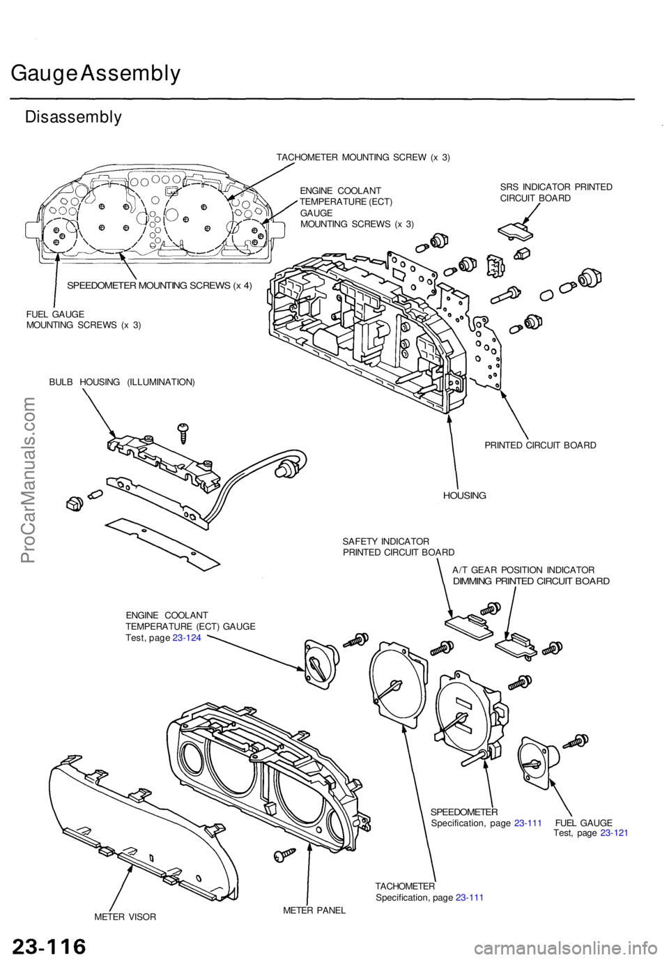 ACURA TL 1995 Service Repair Manual Gauge Assembl y
Disassembl y
TACHOMETE R MOUNTIN G SCRE W (x 3 )
ENGIN E COOLAN T
TEMPERATUR E (ECT )
GAUG E
MOUNTIN G SCREW S ( x 3 ) SR
S INDICATO R PRINTE D
CIRCUI T BOAR D
SPEEDOMETE R MOUNTIN G S ACURA TL 1995 Service Repair Manual Gauge Assembl y
Disassembl y
TACHOMETE R MOUNTIN G SCRE W (x 3 )
ENGIN E COOLAN T
TEMPERATUR E (ECT )
GAUG E
MOUNTIN G SCREW S ( x 3 ) SR
S INDICATO R PRINTE D
CIRCUI T BOAR D
SPEEDOMETE R MOUNTIN G S