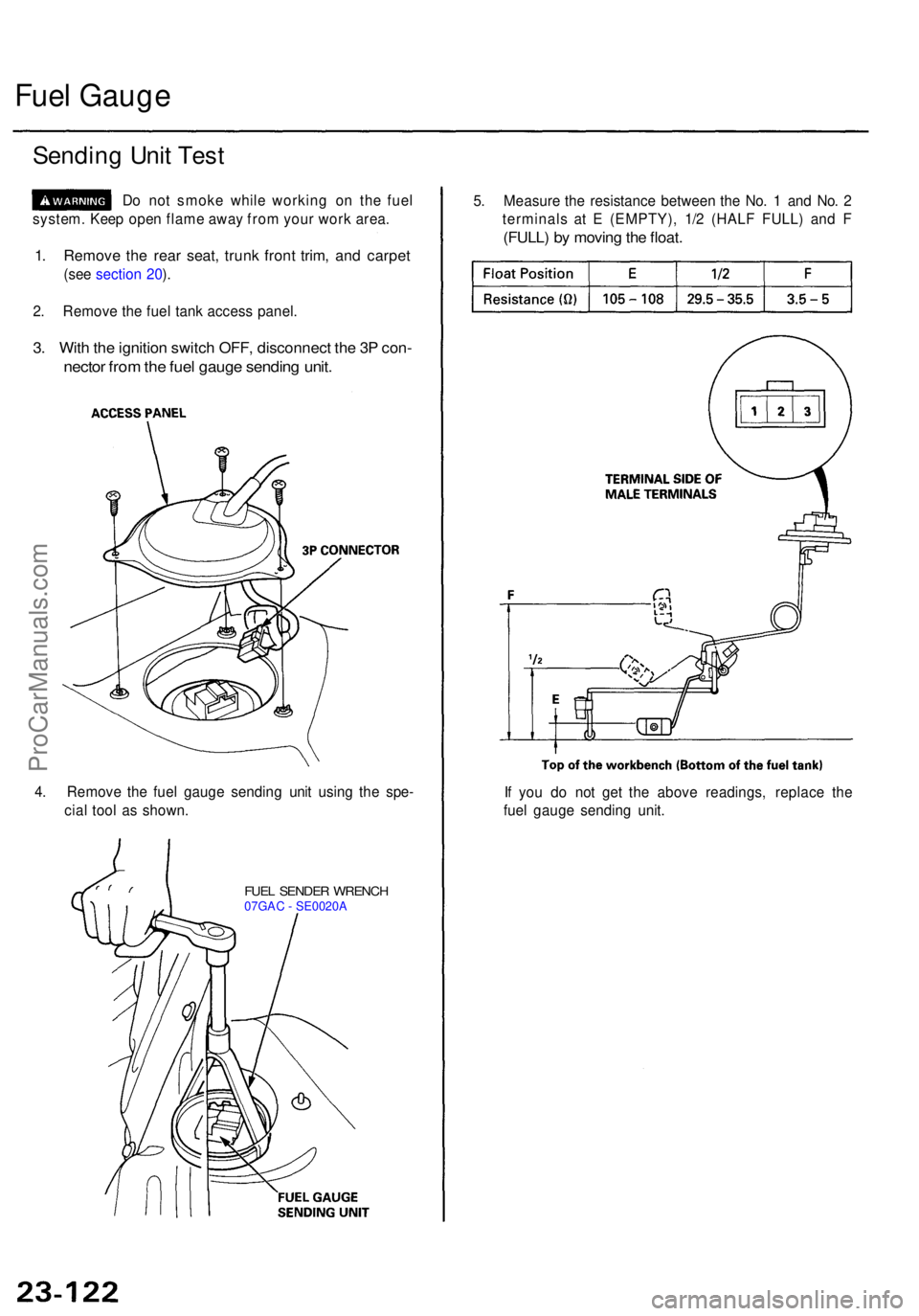 ACURA TL 1995  Service Manual Online Fuel Gaug e
Sendin g Uni t Tes t
Do no t smok e whil e workin g o n th e fue l
system . Kee p ope n flam e awa y fro m you r wor k area .
1. Remov e th e rea r seat , trun k fron t trim , an d carpe t