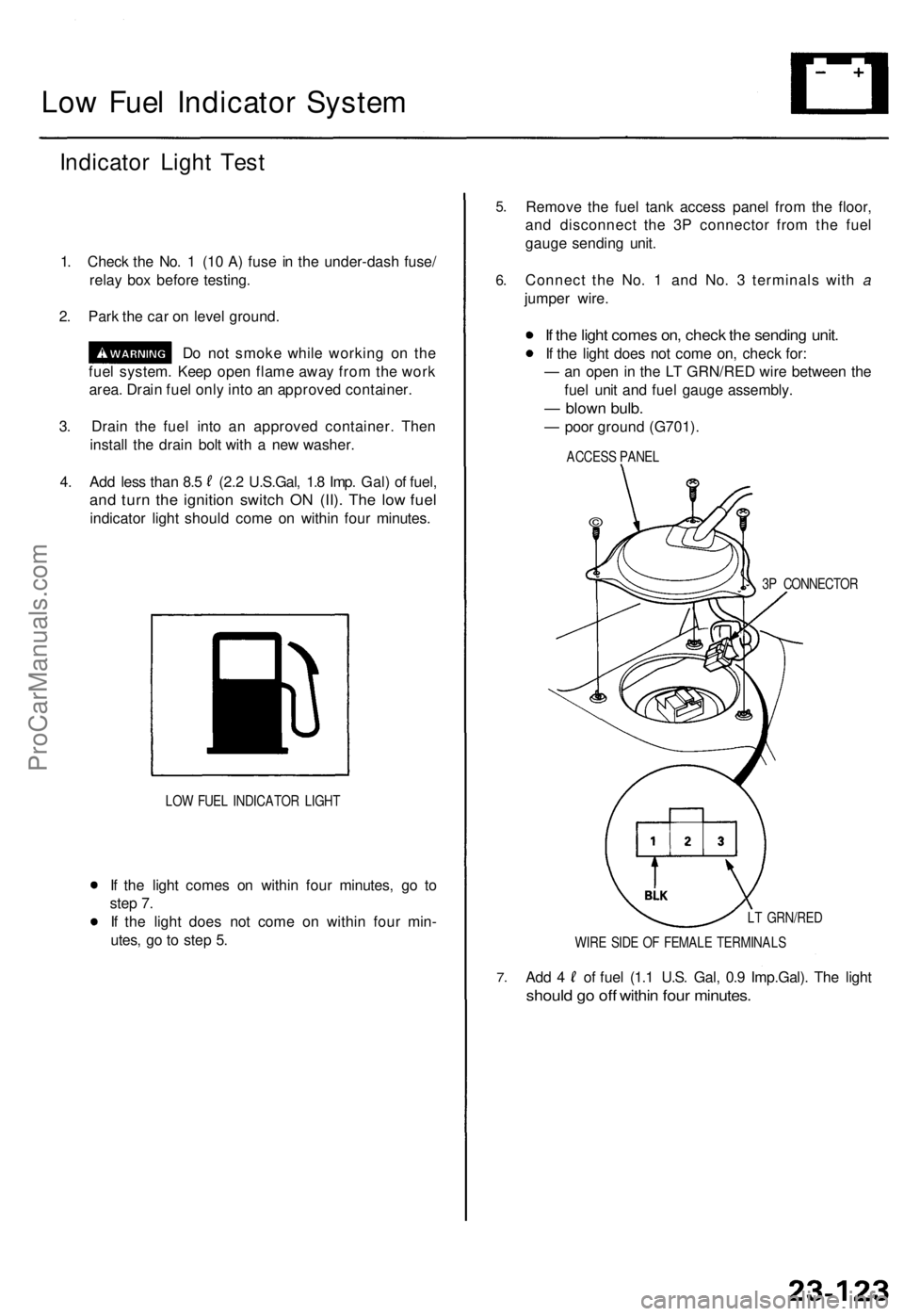 ACURA TL 1995 Service Repair Manual Low Fue l Indicato r Syste m
Indicato r Ligh t Tes t
1. Chec k th e No . 1 (1 0 A ) fus e i n th e under-das h fuse /
rela y bo x befor e testing .
2 . Par k th e ca r o n leve l ground .
D o no t sm ACURA TL 1995 Service Repair Manual Low Fue l Indicato r Syste m
Indicato r Ligh t Tes t
1. Chec k th e No . 1 (1 0 A ) fus e i n th e under-das h fuse /
rela y bo x befor e testing .
2 . Par k th e ca r o n leve l ground .
D o no t sm