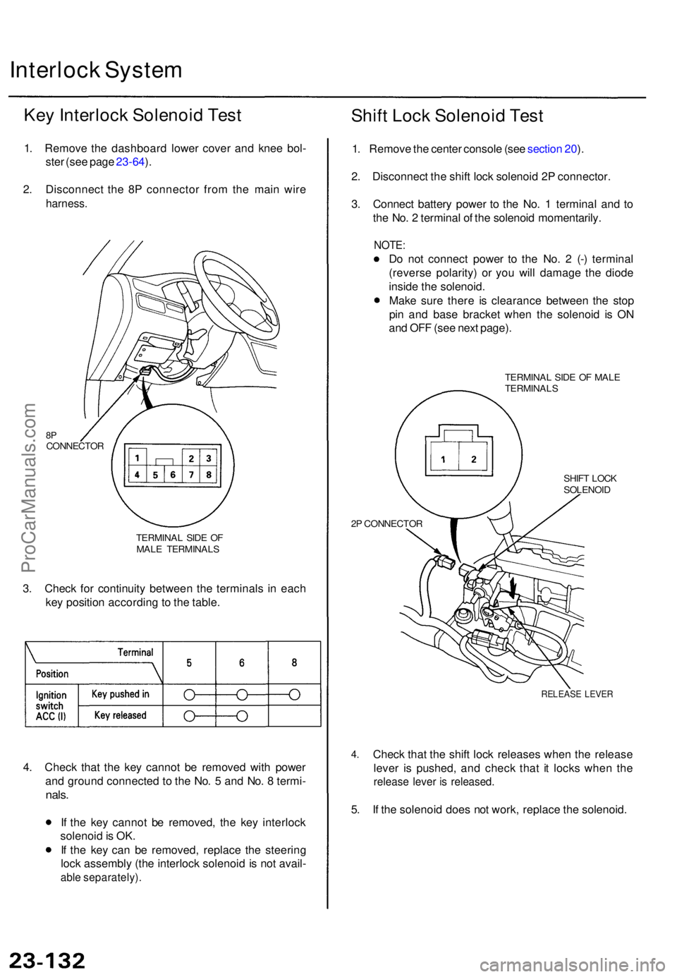 ACURA TL 1995 Service Repair Manual Interlock Syste m
Key Interloc k Solenoi d Tes t
1. Remov e th e dashboar d lowe r cove r an d kne e bol -
ste r (se e pag e 23-64 ).
2 . Disconnec t th e 8 P connecto r fro m th e mai n wir e
harness ACURA TL 1995 Service Repair Manual Interlock Syste m
Key Interloc k Solenoi d Tes t
1. Remov e th e dashboar d lowe r cove r an d kne e bol -
ste r (se e pag e 23-64 ).
2 . Disconnec t th e 8 P connecto r fro m th e mai n wir e
harness