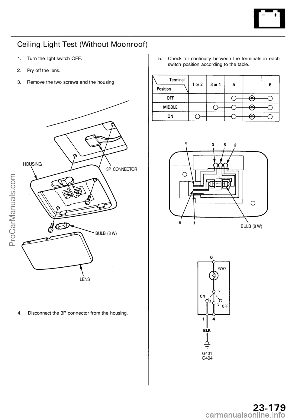 ACURA TL 1995  Service Repair Manual Ceiling Ligh t Tes t (Withou t Moonroof )
1. Tur n th e ligh t switc h OFF .
2 . Pr y of f th e lens .
3 . Remov e th e tw o screw s an d th e housin g
HOUSIN G3P  CONNECTO R
BUL B (8 W )
LEN S
4. Dis