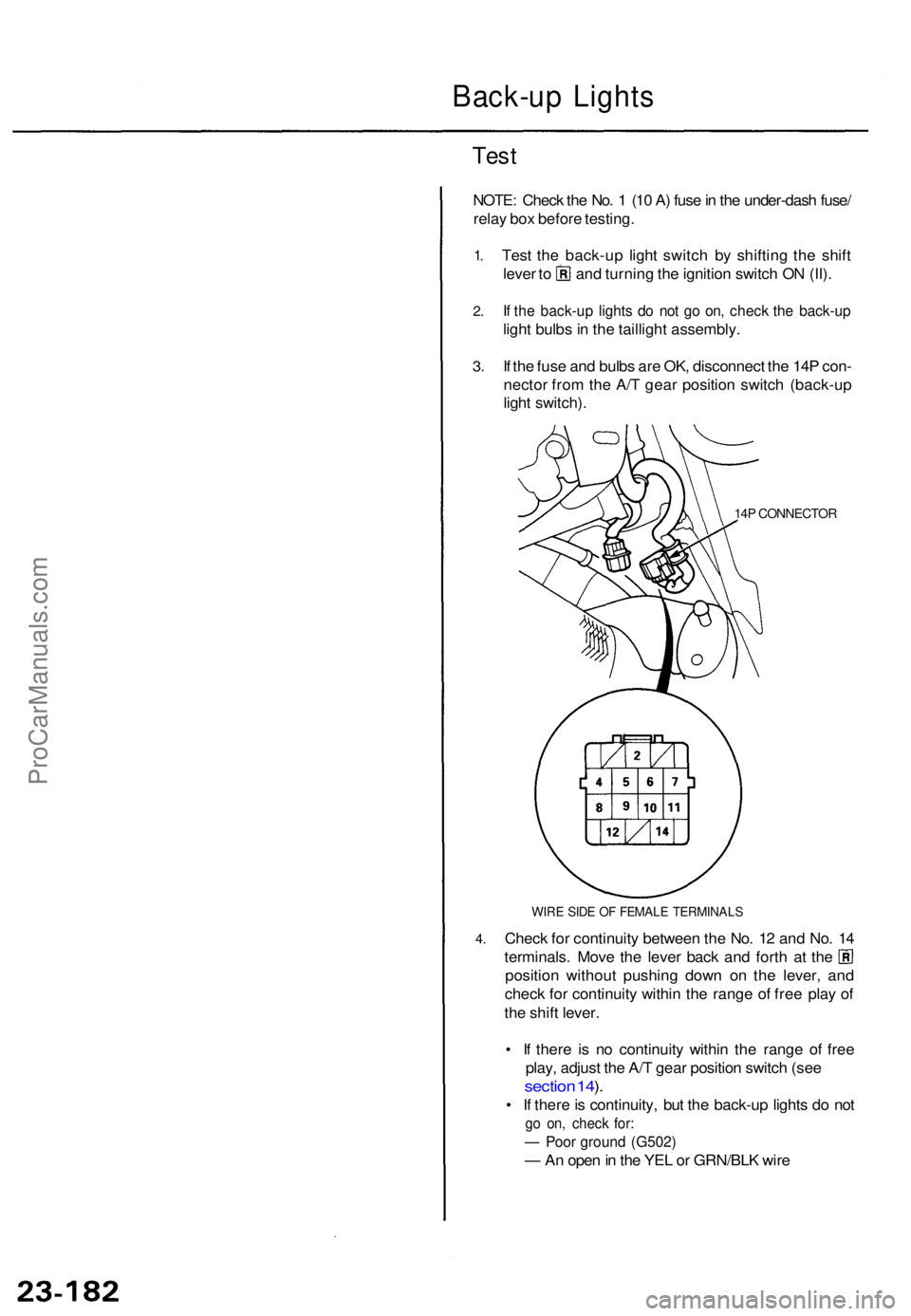 ACURA TL 1995 Service Repair Manual Back-up Light s
Test
NOTE : Chec k th e No . 1 (1 0 A ) fus e in th e under-das h fuse /
rela y bo x befor e testing .
1.
2 .
3.
4 .
Tes t th e back-u p ligh t switc h b y shiftin g th e shif t
leve ACURA TL 1995 Service Repair Manual Back-up Light s
Test
NOTE : Chec k th e No . 1 (1 0 A ) fus e in th e under-das h fuse /
rela y bo x befor e testing .
1.
2 .
3.
4 .
Tes t th e back-u p ligh t switc h b y shiftin g th e shif t
leve