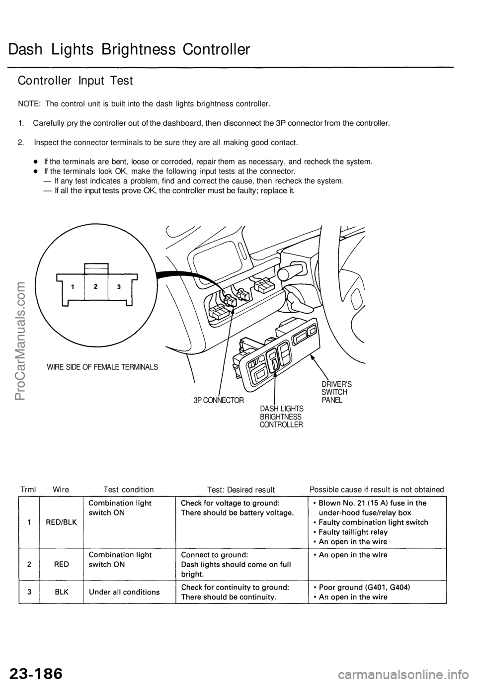 ACURA TL 1995 Service Repair Manual
Dash Lights Brightness Controller
Controller Input Test
NOTE: The control unit is built into the dash lights brightness controller.
1. Carefully pry the controller out of the dashboard, then disco ACURA TL 1995 Service Repair Manual
Dash Lights Brightness Controller
Controller Input Test
NOTE: The control unit is built into the dash lights brightness controller.
1. Carefully pry the controller out of the dashboard, then disco