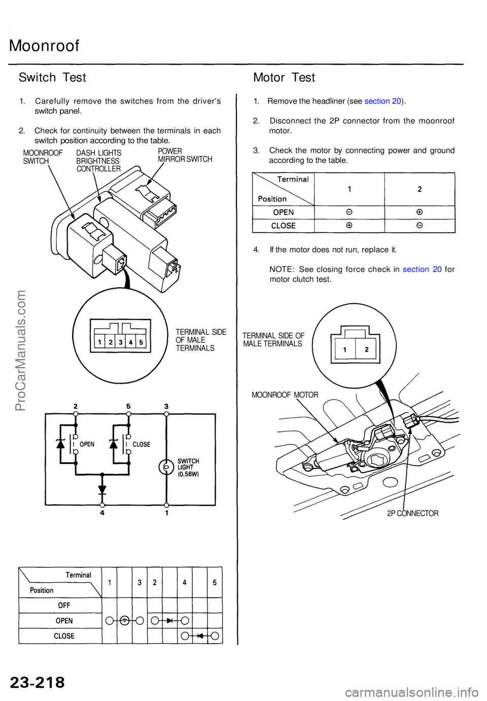ACURA TL 1995 Service Repair Manual Moonroof
Switch Tes t Motor Tes t
1. Carefull y remov e th e switche s fro m th e driver' s
switch panel .
2. Chec k fo r continuit y betwee n th e terminal s i n eac h
switc h positio n accordin ACURA TL 1995 Service Repair Manual Moonroof
Switch Tes t Motor Tes t
1. Carefull y remov e th e switche s fro m th e driver' s
switch panel .
2. Chec k fo r continuit y betwee n th e terminal s i n eac h
switc h positio n accordin
