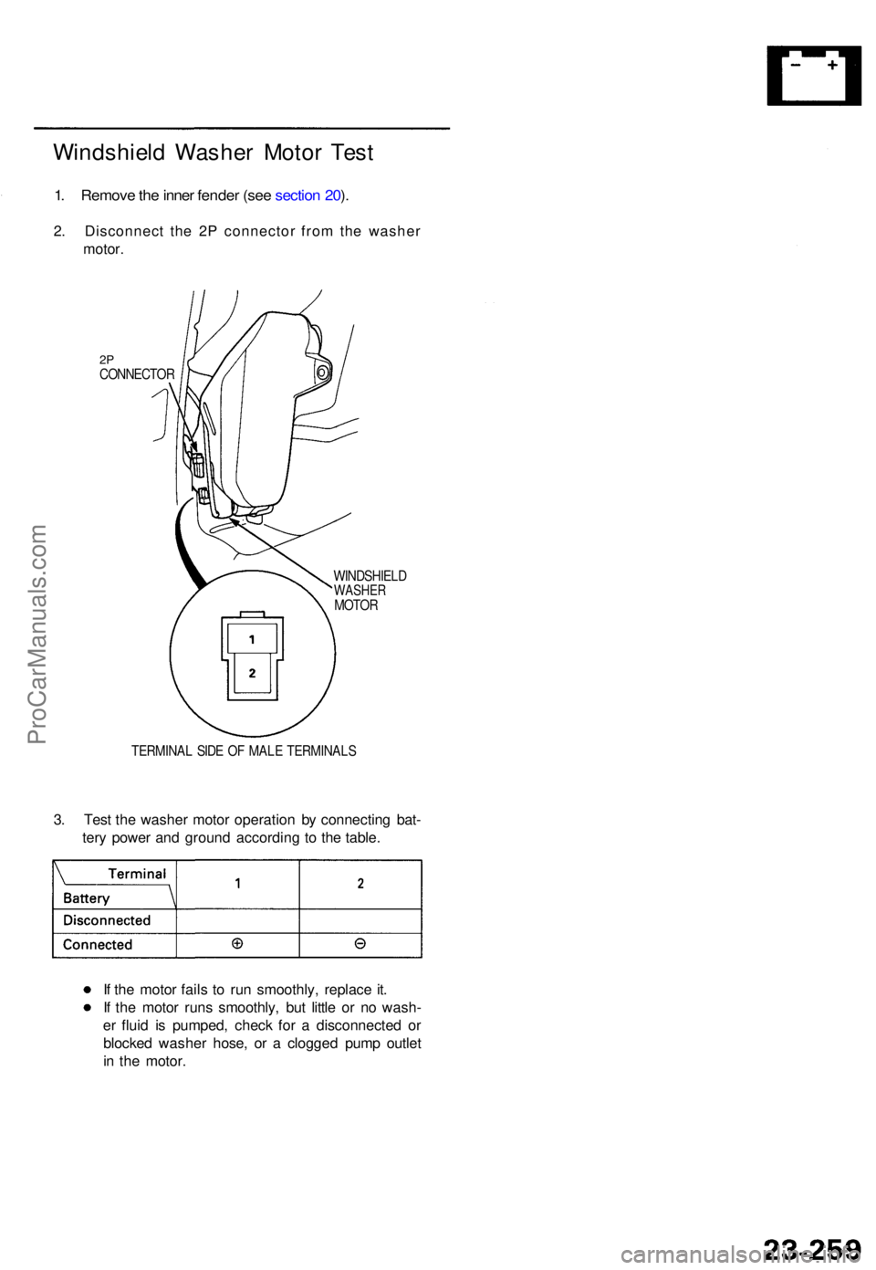 ACURA TL 1995  Service Repair Manual Windshield Washe r Moto r Tes t
1. Remov e th e inne r fende r (se e sectio n 20 ).
2 . Disconnec t th e 2 P connecto r fro m th e washe r
motor .
2PCONNECTO R
WINDSHIELD
WASHERMOTOR
TERMINA L SID E O