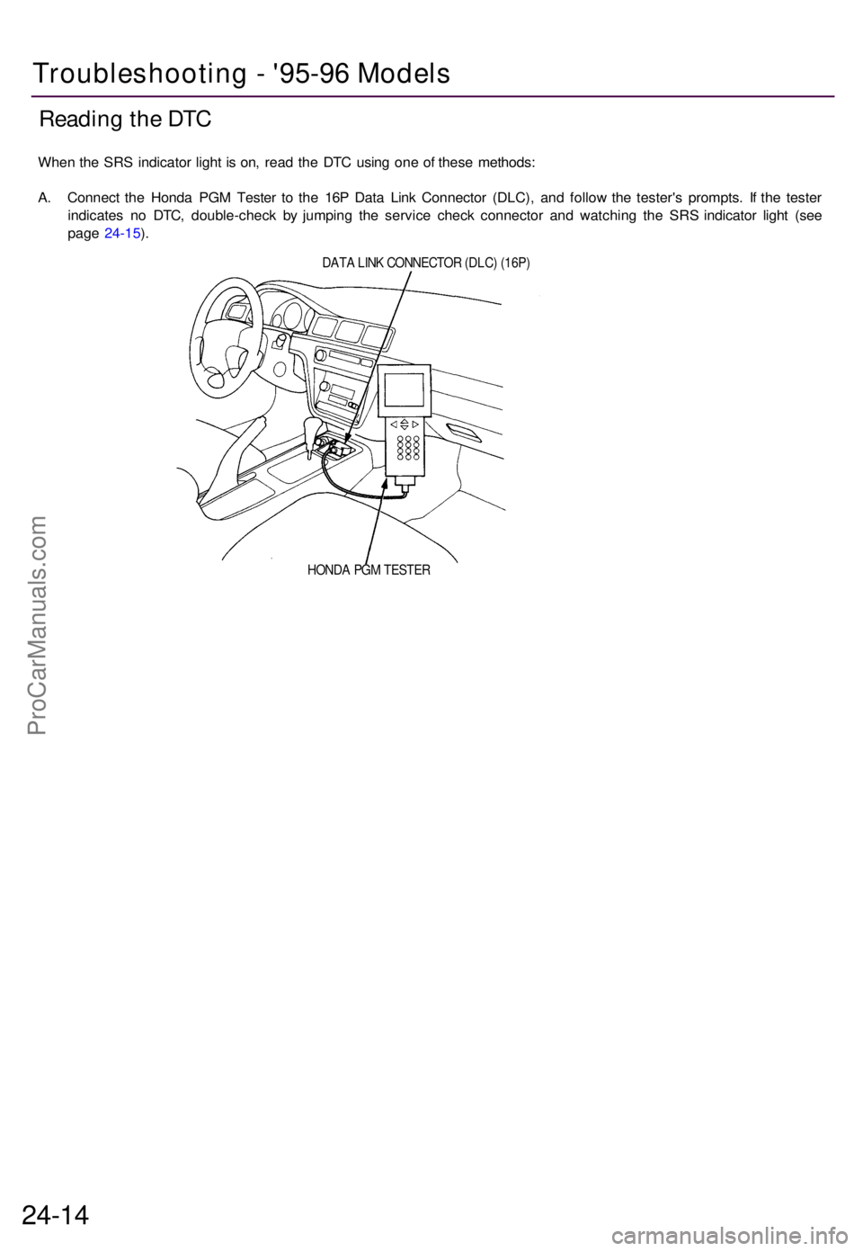 ACURA TL 1995 Service Repair Manual Reading th e DT C
Whe n th e SR S indicato r ligh t i s on , rea d th e DT C usin g on e o f thes e methods :
A . Connec t th e Hond a PG M Teste r t o th e 16 P Dat a Lin k Connecto r (DLC) , an d fo ACURA TL 1995 Service Repair Manual Reading th e DT C
Whe n th e SR S indicato r ligh t i s on , rea d th e DT C usin g on e o f thes e methods :
A . Connec t th e Hond a PG M Teste r t o th e 16 P Dat a Lin k Connecto r (DLC) , an d fo