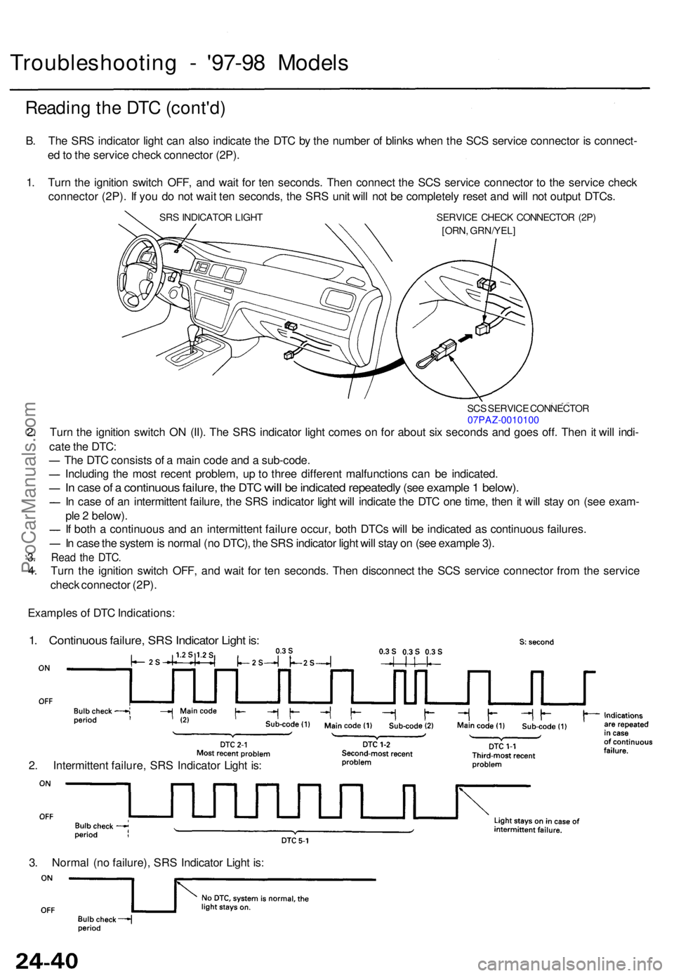 ACURA TL 1995 Service Repair Manual Troubleshooting - '97-9 8 Model s
Reading th e DT C (cont'd )
B. Th e SR S indicato r ligh t ca n als o indicat e th e DT C b y th e numbe r o f blink s whe n th e SC S servic e connecto r i ACURA TL 1995 Service Repair Manual Troubleshooting - '97-9 8 Model s
Reading th e DT C (cont'd )
B. Th e SR S indicato r ligh t ca n als o indicat e th e DT C b y th e numbe r o f blink s whe n th e SC S servic e connecto r i