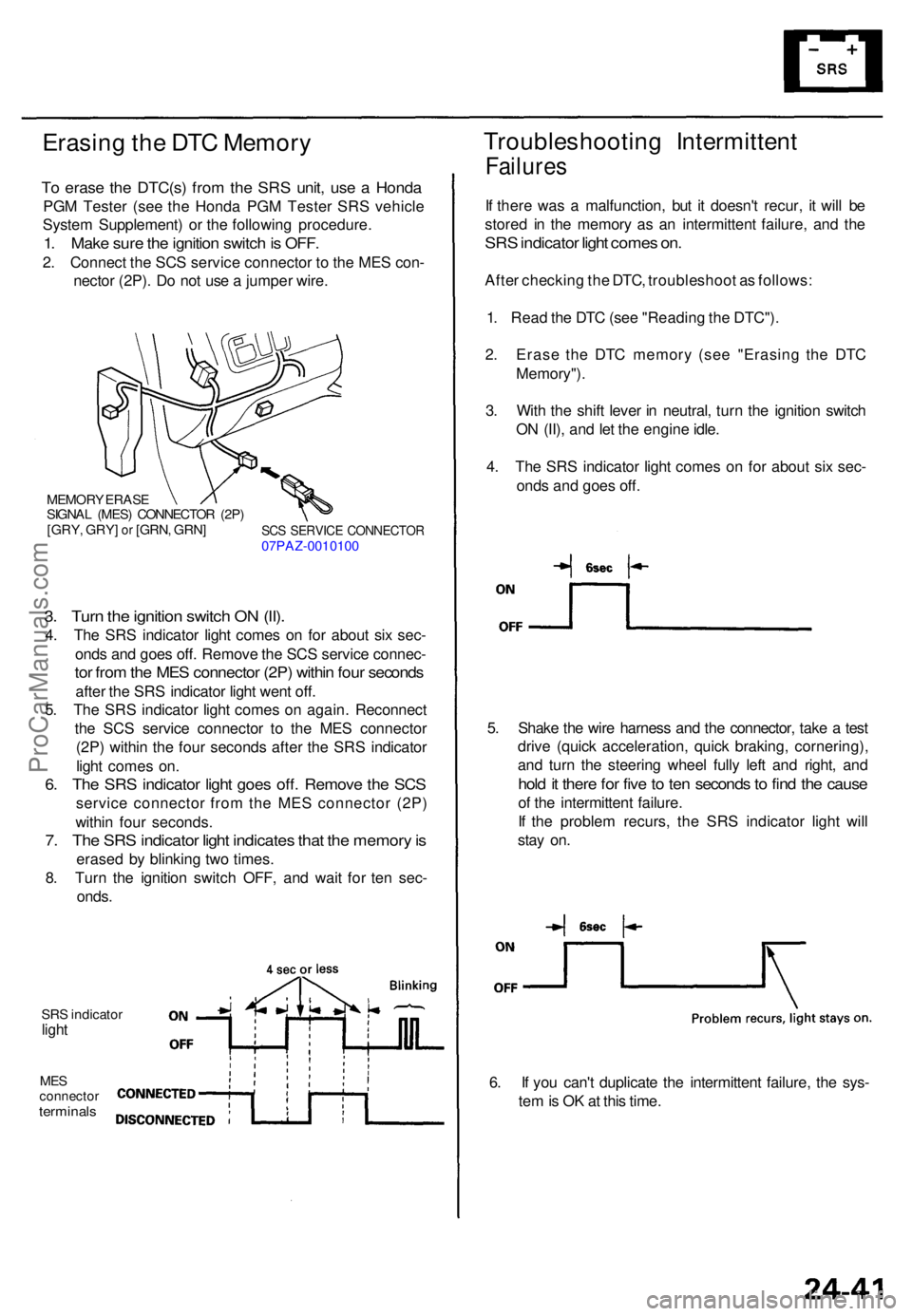 ACURA TL 1995 Service Repair Manual Erasing th e DT C Memor y
To eras e th e DTC(s ) fro m th e SR S unit , us e a Hond a
PGM Teste r (se e th e Hond a PG M Teste r SR S vehicl e
Syste m Supplement ) o r th e followin g procedure .
1. ACURA TL 1995 Service Repair Manual Erasing th e DT C Memor y
To eras e th e DTC(s ) fro m th e SR S unit , us e a Hond a
PGM Teste r (se e th e Hond a PG M Teste r SR S vehicl e
Syste m Supplement ) o r th e followin g procedure .
1.