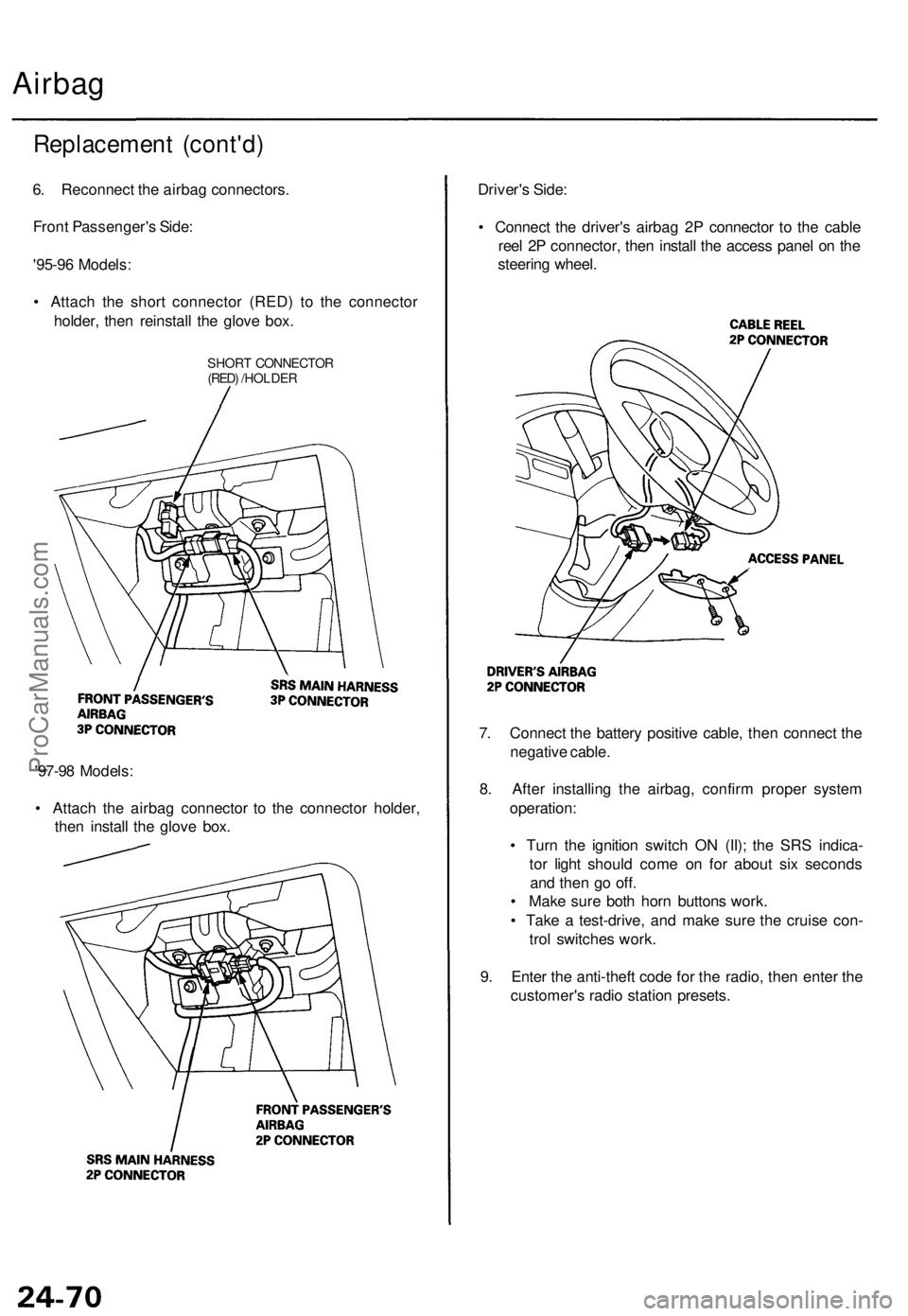 ACURA TL 1995 Service Repair Manual Airbag
Replacemen t (cont'd )
6. Reconnec t th e airba g connectors .
Fron t Passenger' s Side :
'95-9 6 Models :
• Attac h th e shor t connecto r (RED ) t o th e connecto r
holder , th ACURA TL 1995 Service Repair Manual Airbag
Replacemen t (cont'd )
6. Reconnec t th e airba g connectors .
Fron t Passenger' s Side :
'95-9 6 Models :
• Attac h th e shor t connecto r (RED ) t o th e connecto r
holder , th