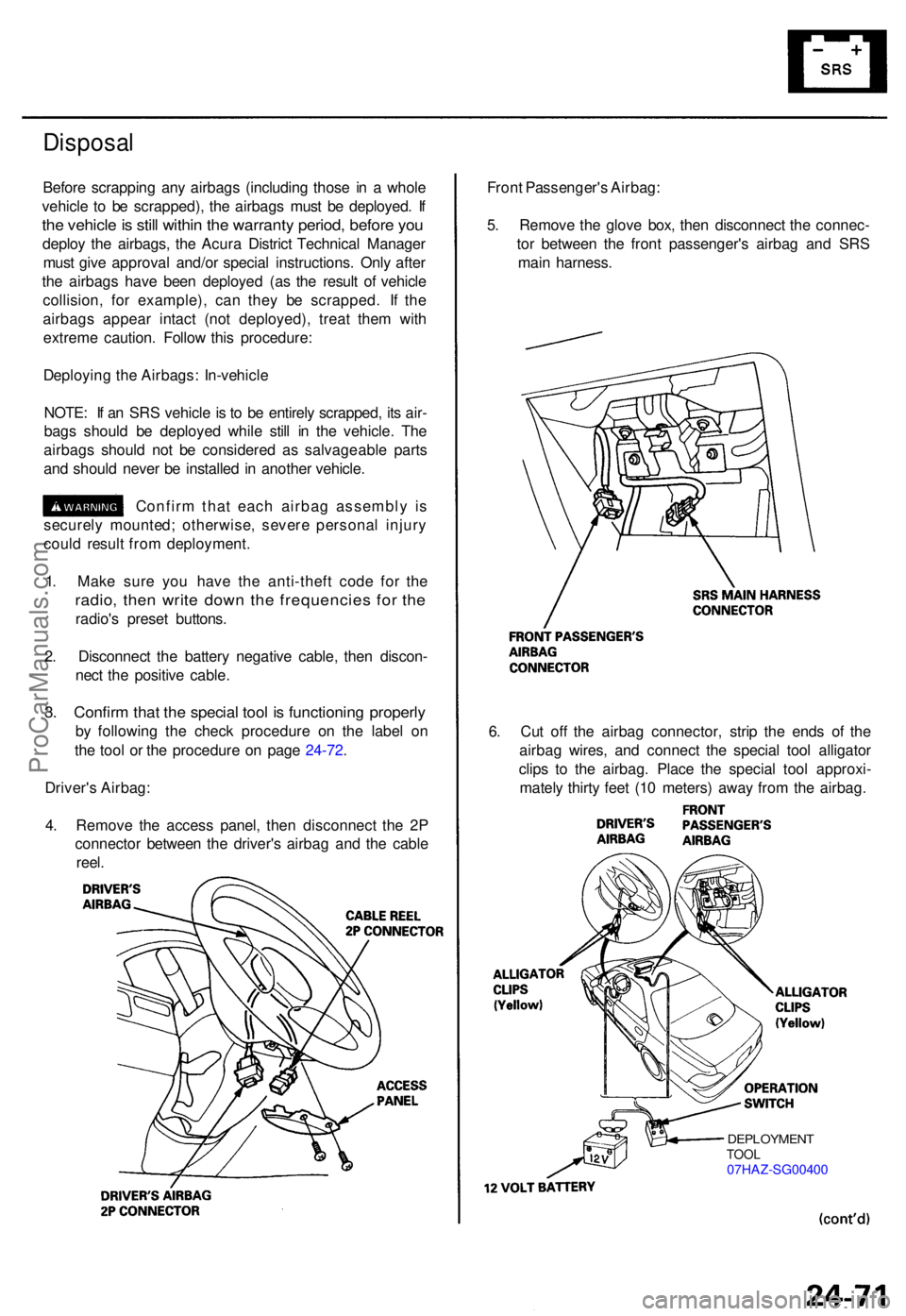 ACURA TL 1995 Service Repair Manual Disposal
Before scrappin g an y airbag s (includin g thos e i n a whol e
vehicl e t o b e scrapped) , th e airbag s mus t b e deployed . I f
th e vehicl e is stil l withi n th e warrant y period , b ACURA TL 1995 Service Repair Manual Disposal
Before scrappin g an y airbag s (includin g thos e i n a whol e
vehicl e t o b e scrapped) , th e airbag s mus t b e deployed . I f
th e vehicl e is stil l withi n th e warrant y period , b
