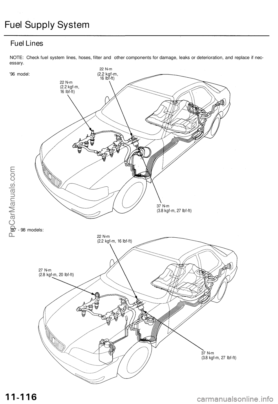 ACURA TL 1995  Service User Guide Fuel Suppl y Syste m
Fuel Line s
NOTE : Chec k fue l syste m lines , hoses , filte r an d othe r component s fo r damage , leak s o r deterioration , an d replac e if nec -
essary .
22  N- m
'96 m