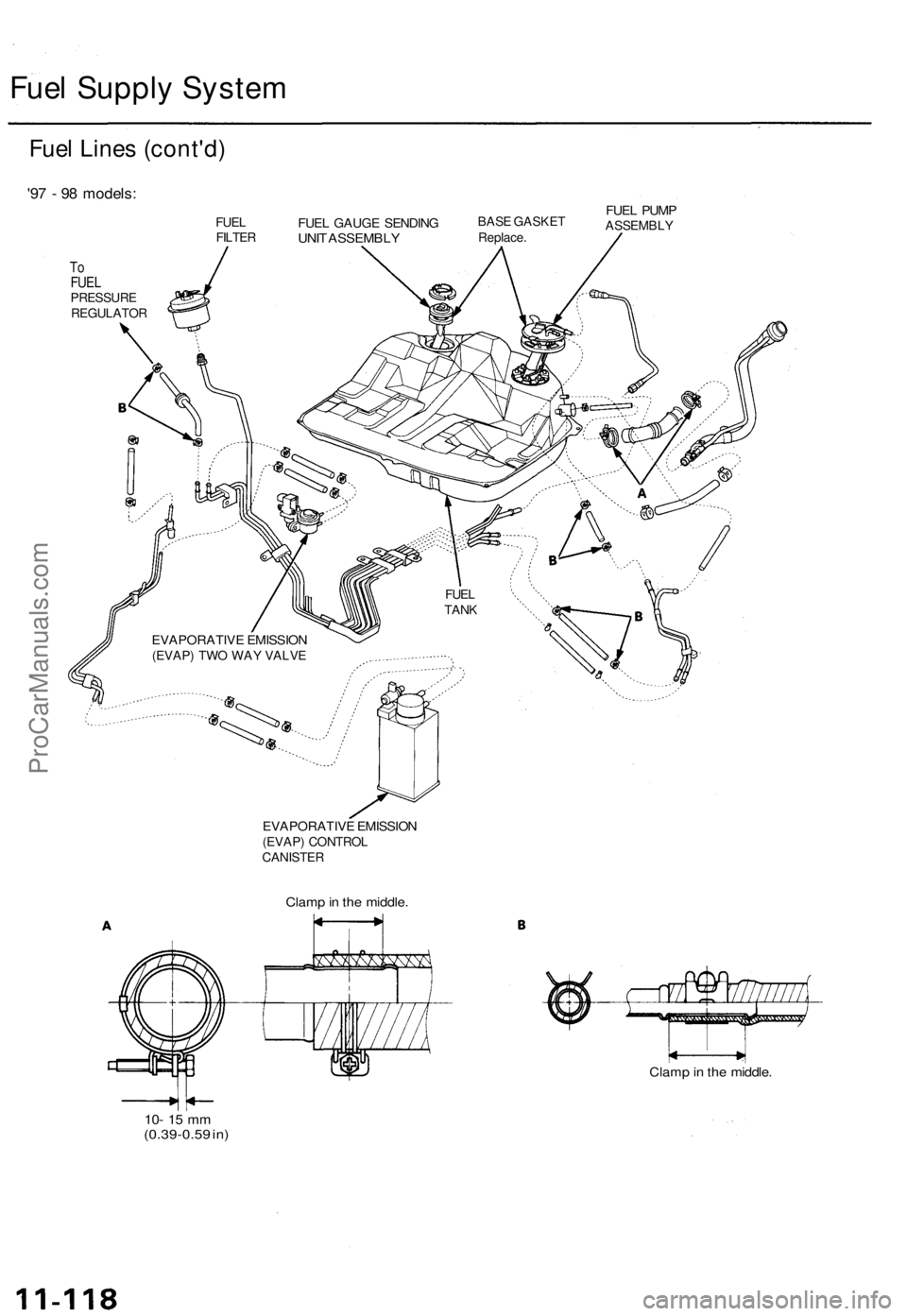 ACURA TL 1995  Service Repair Manual 
Fuel Supply System

Fuel Lines (cont'd)

'97 - 98 models:

To

FUEL

PRESSURE

REGULATOR 
FUEL

FILTER 
FUEL GAUGE SENDING

UNIT ASSEMBLY 
BASE GASKET

Replace. 
FUEL PUMP

ASSEMBLY

EVAPORAT