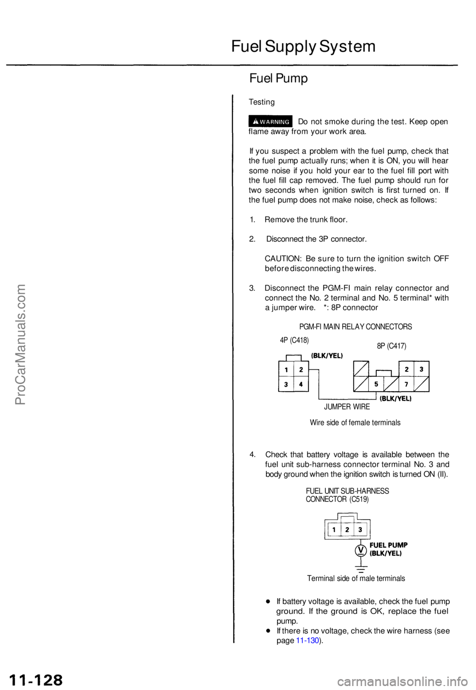 ACURA TL 1995  Service Owners Manual Fuel Suppl y Syste m
Fuel Pum p
Testin g
Do no t smok e durin g th e test . Kee p ope n
flam e awa y fro m you r wor k area .
I f  yo u suspec t a  proble m wit h th e fue l pump , chec k tha t
th e f