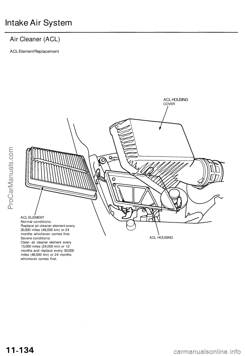 ACURA TL 1995 Service Repair Manual Intake Ai r Syste m
Air Cleane r (ACL )
ACL Elemen t Replacemen t
ACL HOUSIN GCOVER
ACL ELEMEN T
Norma l conditions :
Replac e ai r cleane r elemen t ever y
30,00 0 mile s (48,00 0 km ) o r 2 4
month ACURA TL 1995 Service Repair Manual Intake Ai r Syste m
Air Cleane r (ACL )
ACL Elemen t Replacemen t
ACL HOUSIN GCOVER
ACL ELEMEN T
Norma l conditions :
Replac e ai r cleane r elemen t ever y
30,00 0 mile s (48,00 0 km ) o r 2 4
month