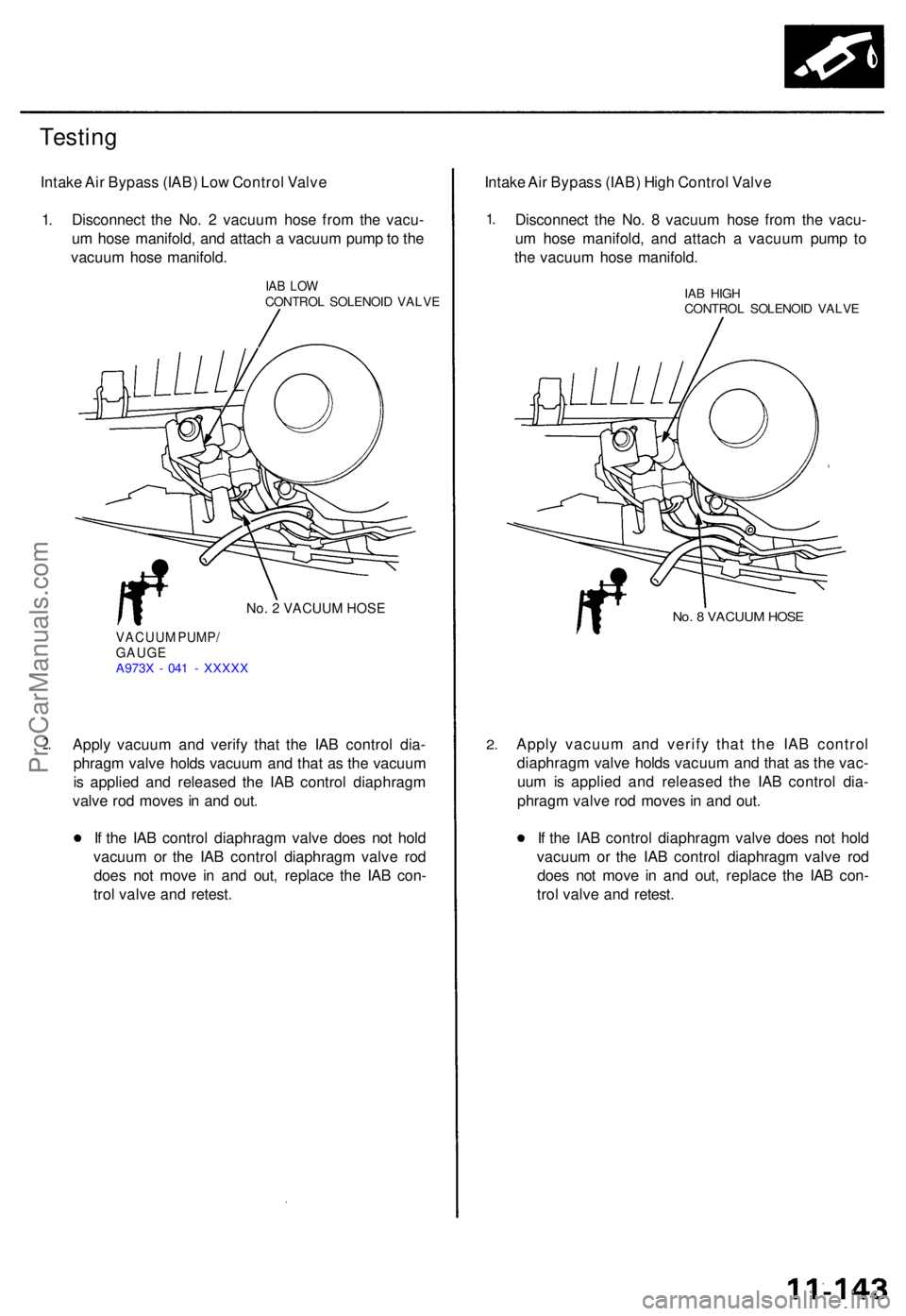 ACURA TL 1995  Service Repair Manual Testing
Intake Ai r Bypas s (IAB ) Lo w Contro l Valv e
1 . Disconnec t th e No . 2  vacuu m hos e fro m th e vacu -
u m  hos e manifold , an d attac h a  vacuu m pum p to  th e
vacuu m hos e manifold