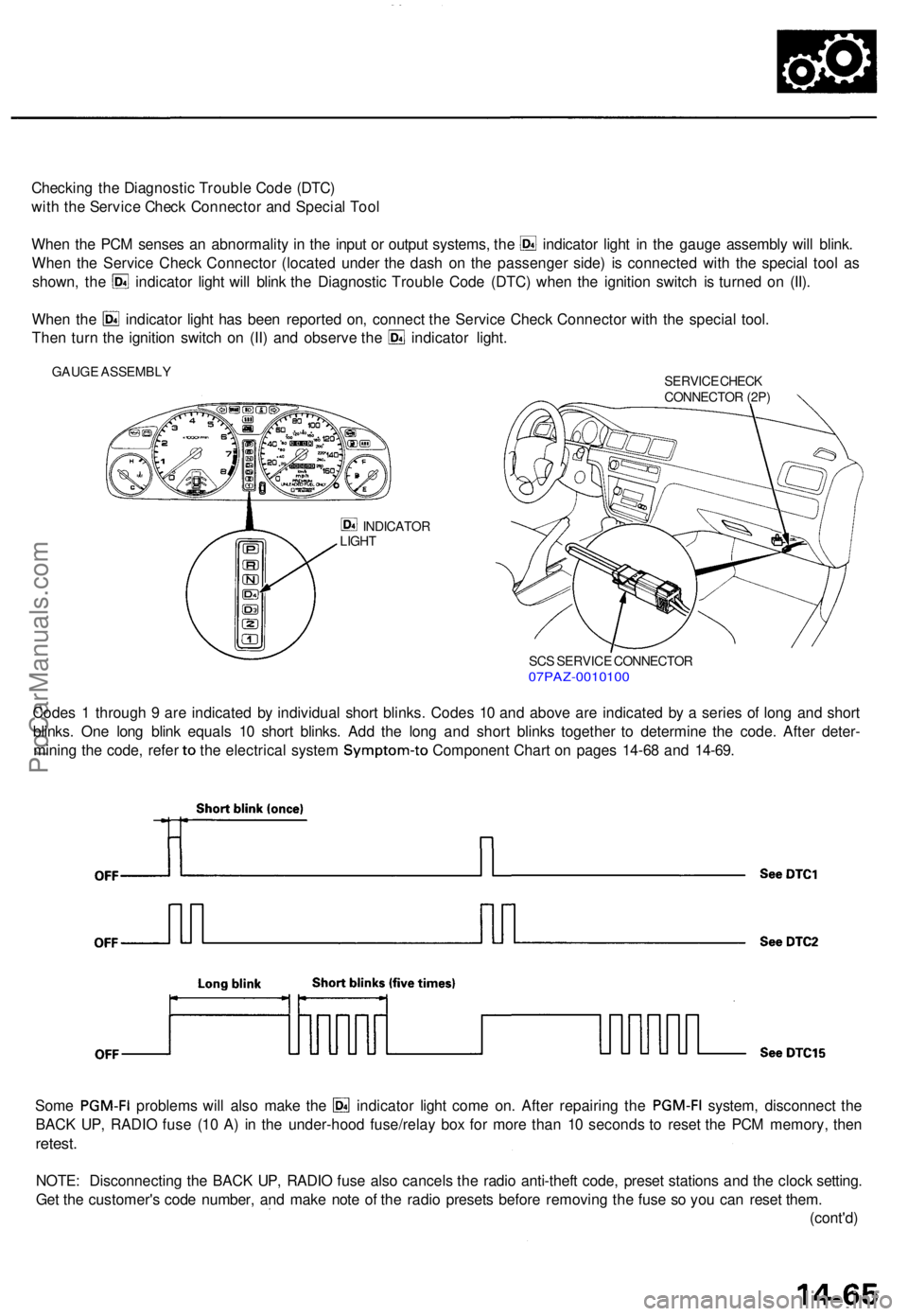 ACURA TL 1995 Service Repair Manual Checking th e Diagnosti c Troubl e Cod e (DTC )
wit h th e Servic e Chec k Connecto r an d Specia l Too l
Whe n th e PC M sense s a n abnormalit y i n th e inpu t o r outpu t systems , th e indicato ACURA TL 1995 Service Repair Manual Checking th e Diagnosti c Troubl e Cod e (DTC )
wit h th e Servic e Chec k Connecto r an d Specia l Too l
Whe n th e PC M sense s a n abnormalit y i n th e inpu t o r outpu t systems , th e indicato