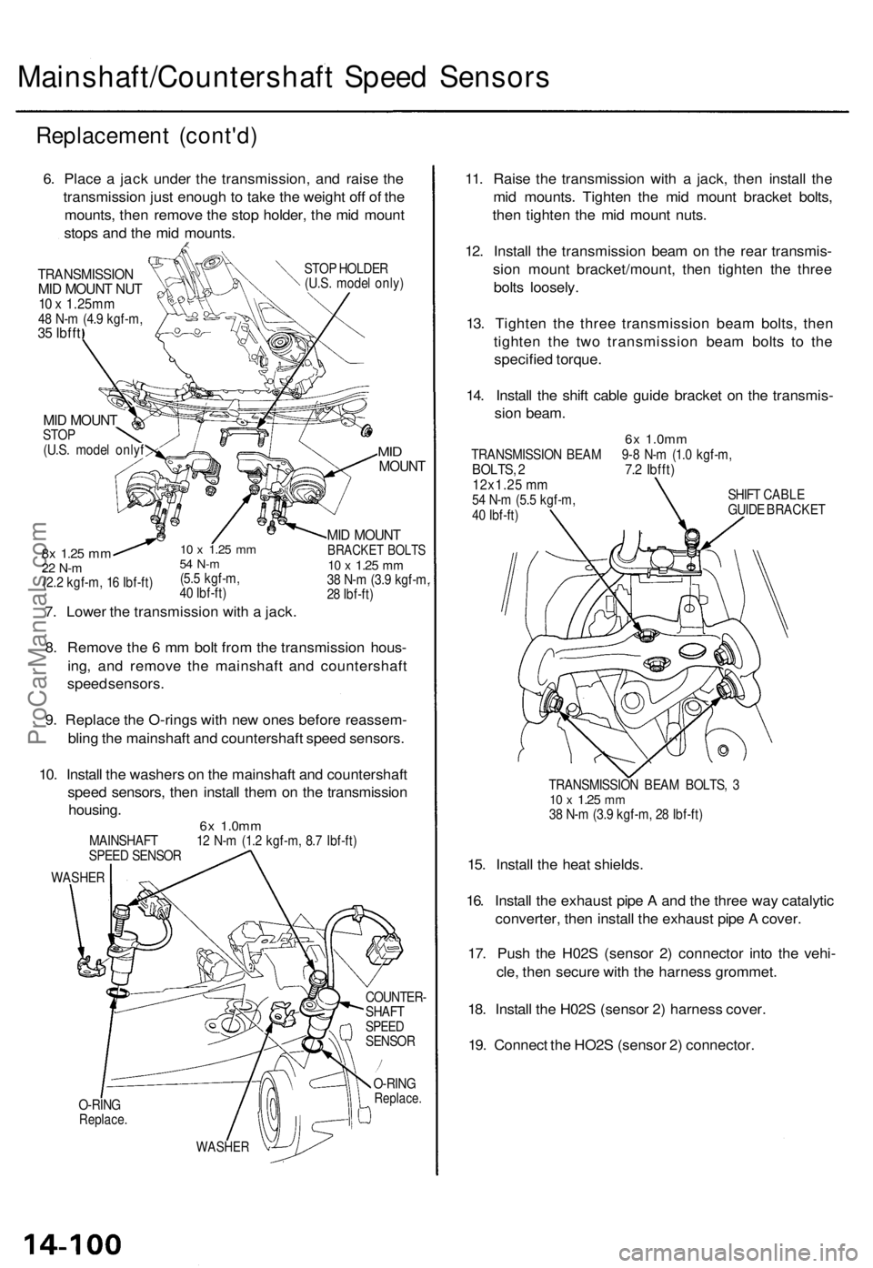 ACURA TL 1995 Service Repair Manual
Mainshaft/Countershaft Speed Sensors
Replacement (cont'd)
6. Place a jack under the transmission, and raise the
transmission just enough to take the weight off of the
mounts, then remove the ACURA TL 1995 Service Repair Manual
Mainshaft/Countershaft Speed Sensors
Replacement (cont'd)
6. Place a jack under the transmission, and raise the
transmission just enough to take the weight off of the
mounts, then remove the