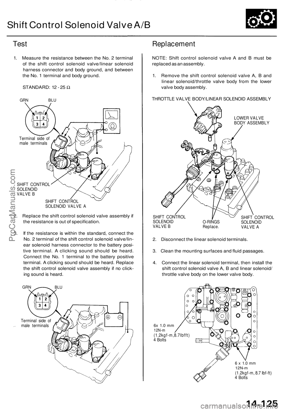 ACURA TL 1995  Service Repair Manual Shift Contro l Solenoi d Valv e A/ B
Tes t
1. Measur e th e resistanc e betwee n th e No . 2  termina l
o f th e shif t contro l solenoi d valve/linea r solenoi d
harnes s connecto r an d bod y ground
