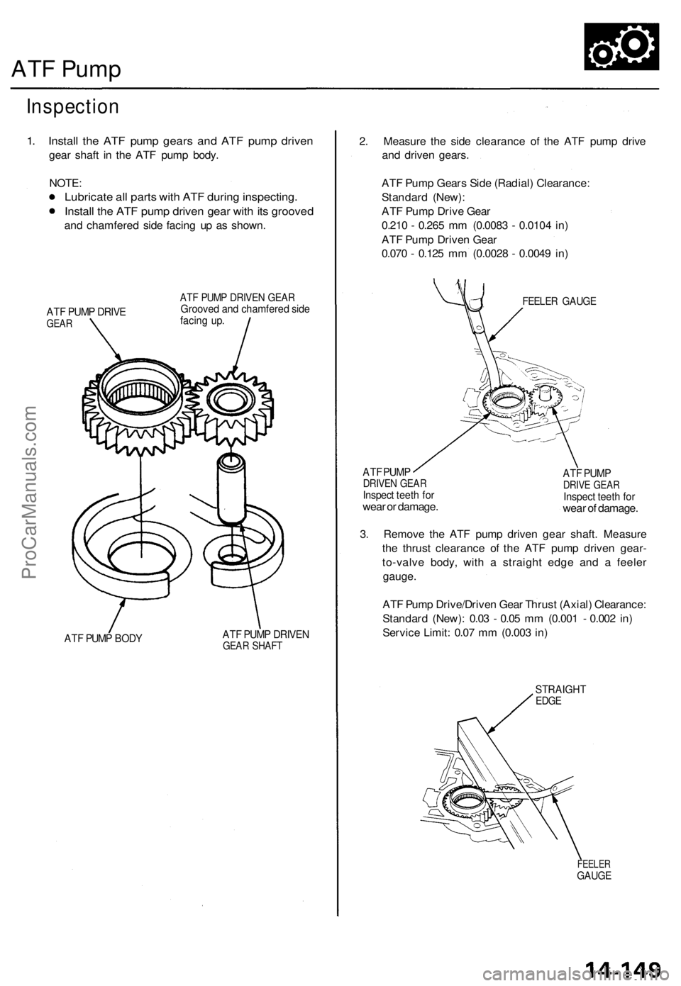 ACURA TL 1995  Service Repair Manual ATF Pum p
Inspectio n
1. Instal l th e AT F pum p gear s an d AT F pum p drive n
gear shaf t i n th e AT F pum p body .
NOTE :
Lubricat e al l part s wit h AT F durin g inspecting .
Install th e AT F 