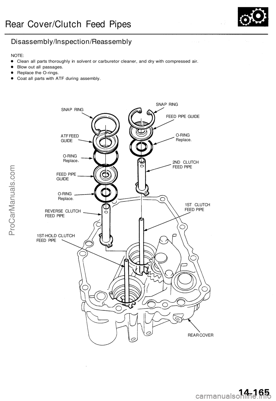 ACURA TL 1995 Service Repair Manual Rear Cover/Clutc h Fee d Pipe s
Disassembly/Inspection/Reassembl y
NOTE:
Clean al l part s thoroughl y i n solven t o r carbureto r cleaner , an d dr y wit h compresse d air .
Blo w ou t al l passage ACURA TL 1995 Service Repair Manual Rear Cover/Clutc h Fee d Pipe s
Disassembly/Inspection/Reassembl y
NOTE:
Clean al l part s thoroughl y i n solven t o r carbureto r cleaner , an d dr y wit h compresse d air .
Blo w ou t al l passage