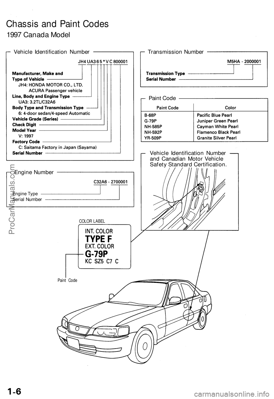 ACURA TL 1995  Service Repair Manual 
Chassis and Paint Codes

1997 Canada Model

Vehicle Identification Number 
Transmission Number

Vehicle Identification Number

and Canadian Motor Vehicle

Safety Standard Certification.

Engine Numbe