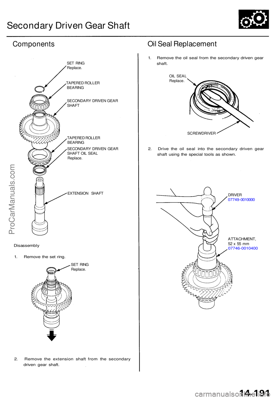 ACURA TL 1995 Service Repair Manual Secondary Drive n Gea r Shaf t
Component s
SET RIN G
Replace .
TAPERE D ROLLE R
BEARIN G
SECONDAR Y DRIVE N GEA R
SHAF T
TAPERE D ROLLE R
BEARIN G
SECONDAR Y DRIVE N GEA R
SHAF T OI L SEA L
Replace .
ACURA TL 1995 Service Repair Manual Secondary Drive n Gea r Shaf t
Component s
SET RIN G
Replace .
TAPERE D ROLLE R
BEARIN G
SECONDAR Y DRIVE N GEA R
SHAF T
TAPERE D ROLLE R
BEARIN G
SECONDAR Y DRIVE N GEA R
SHAF T OI L SEA L
Replace .