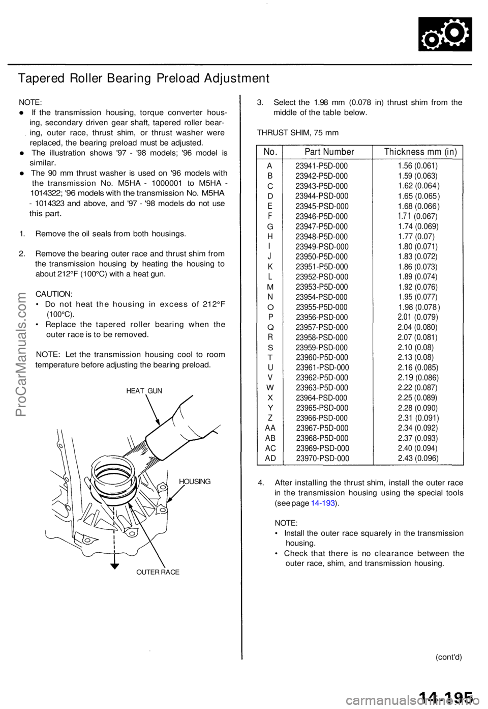 ACURA TL 1995 Service Repair Manual Tapered Rolle r Bearin g Preloa d Adjustmen t
NOTE:
• If th e transmissio n housing , torqu e converte r hous -
ing , secondar y drive n gea r shaft , tapere d rolle r bear -
ing , oute r race , thr ACURA TL 1995 Service Repair Manual Tapered Rolle r Bearin g Preloa d Adjustmen t
NOTE:
• If th e transmissio n housing , torqu e converte r hous -
ing , secondar y drive n gea r shaft , tapere d rolle r bear -
ing , oute r race , thr