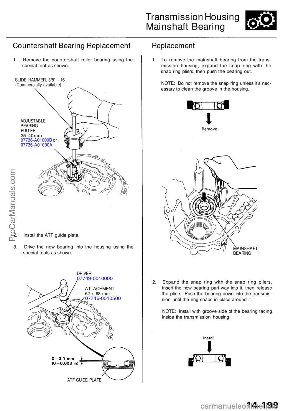 ACURA TL 1995  Service Repair Manual Transmission Housin g
Mainshaf t Bearin g
Countershaf t Bearin g Replacemen t
1. Remov e th e countershaf t rolle r bearin g usin g th e
specia l too l a s shown .
Replacemen t
SLIDE HAMMER , 3/8 "