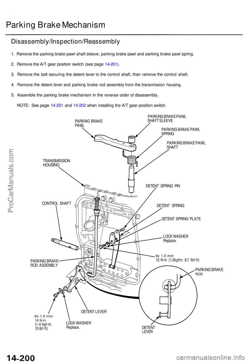 ACURA TL 1995  Service Repair Manual Parking Brak e Mechanis m
Disassembly/Inspection/Reassembl y
1. Remov e th e parkin g brak e paw l shaf t sleeve , parkin g brak e paw l an d parkin g brak e paw l spring .
2 . Remov e th e A/ T gea r