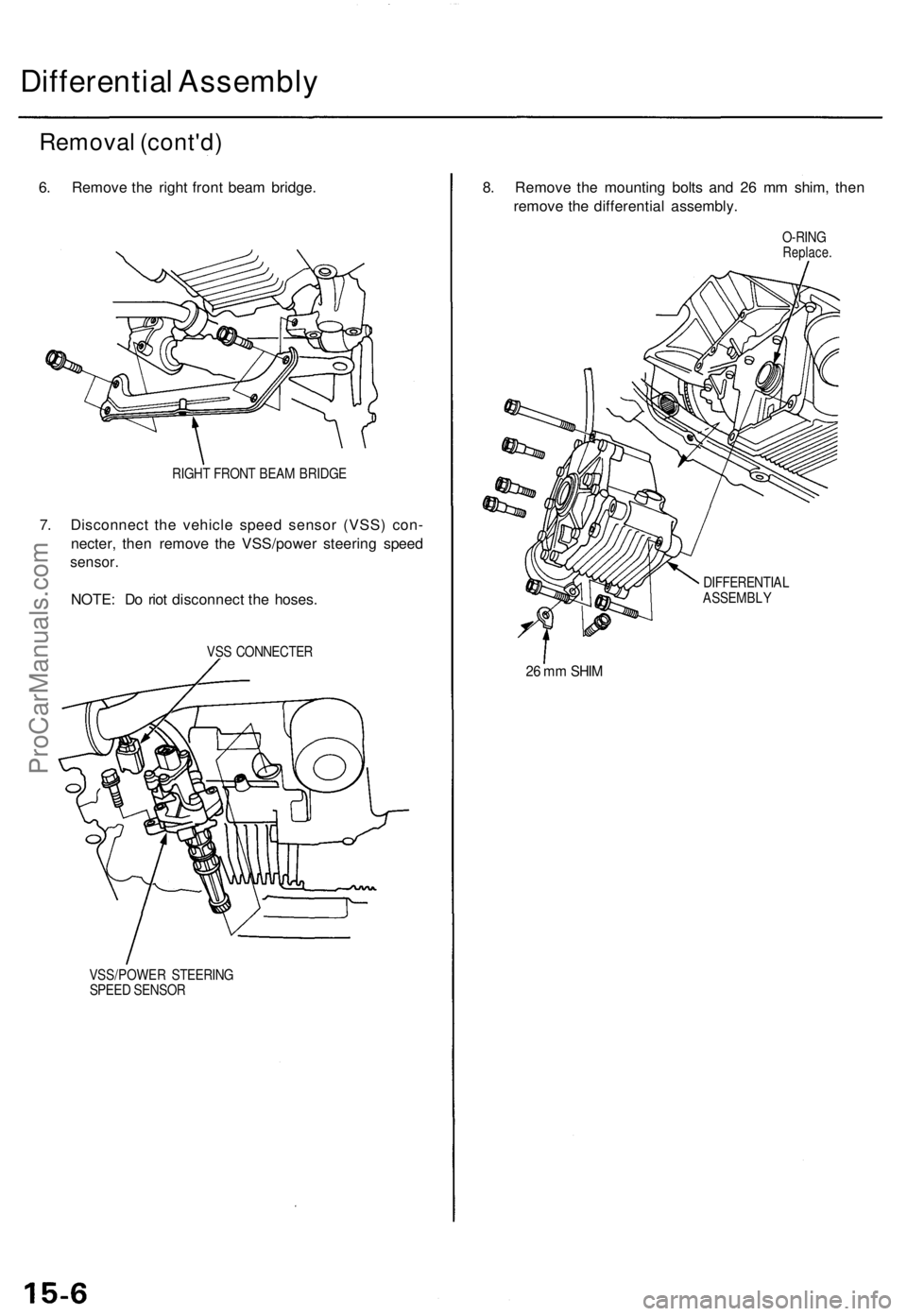 ACURA TL 1995 Service Repair Manual Differential Assembl y
Removal (cont'd )
6. Remov e th e righ t fron t bea m bridge .
RIGHT FRON T BEA M BRIDG E
7. Disconnec t th e vehicl e spee d senso r (VSS ) con -
necter , the n remov e th ACURA TL 1995 Service Repair Manual Differential Assembl y
Removal (cont'd )
6. Remov e th e righ t fron t bea m bridge .
RIGHT FRON T BEA M BRIDG E
7. Disconnec t th e vehicl e spee d senso r (VSS ) con -
necter , the n remov e th