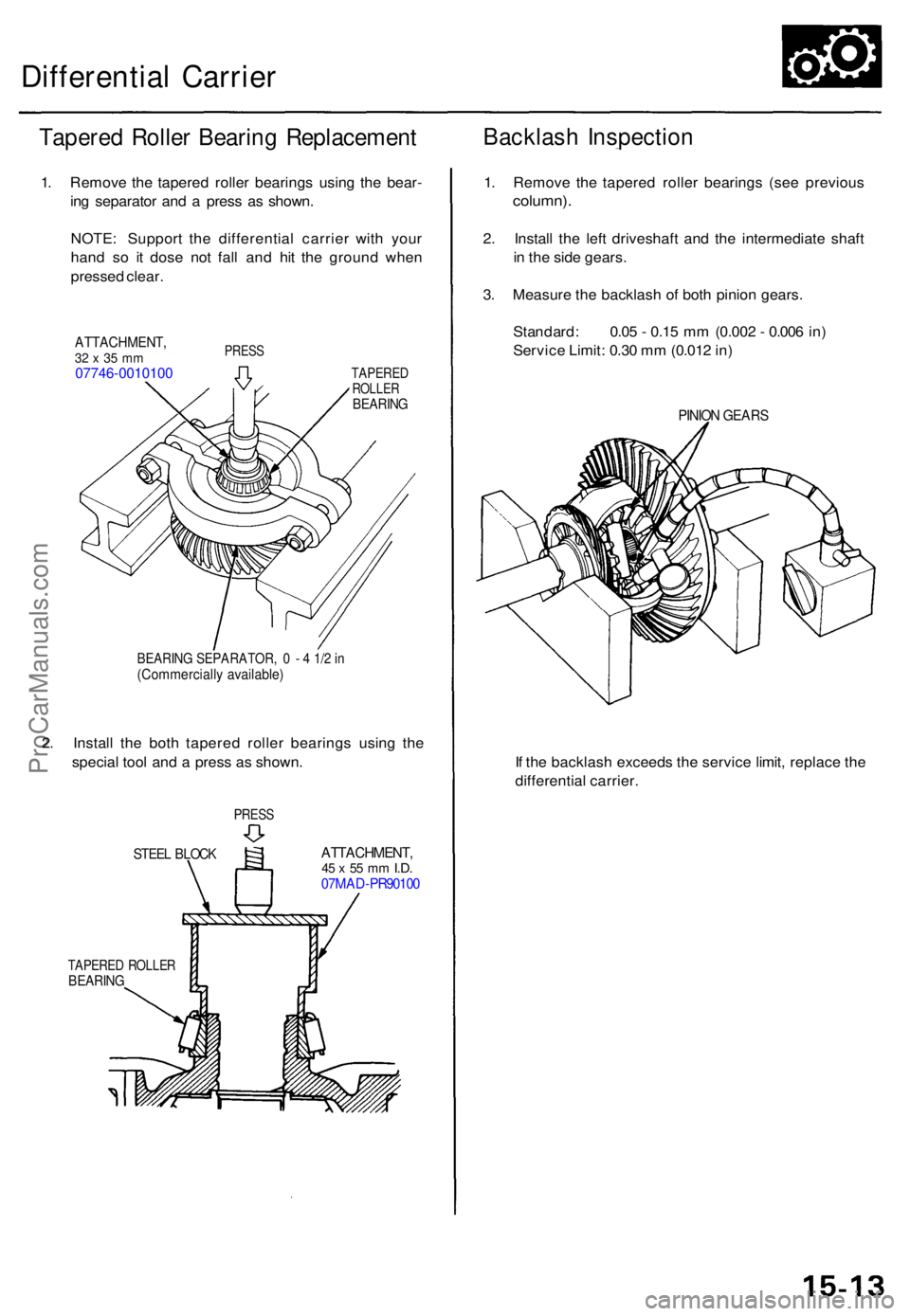 ACURA TL 1995  Service Repair Manual Differential Carrie r
Tapered Rolle r Bearin g Replacemen t
1. Remov e th e tapered  roller bearing s usin g th e bear -
in g separato r an d a  pres s a s shown .
NOTE : Suppor t th e differentia l c