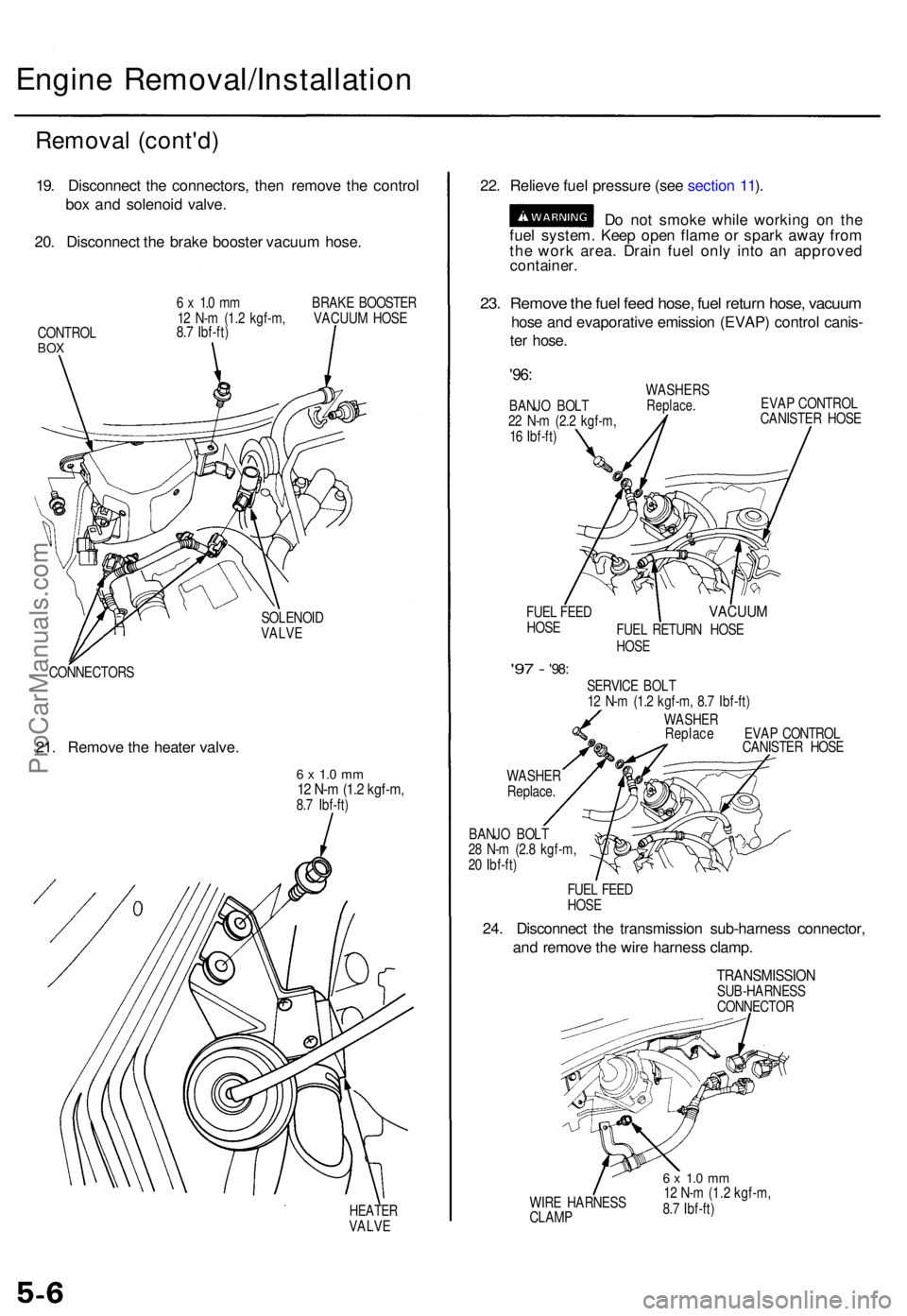 ACURA TL 1995  Service Repair Manual Engine Removal/Installatio n
Removal (cont'd )
19. Disconnec t th e connectors , the n remov e th e contro l
bo x an d solenoi d valve .
20 . Disconnec t th e brak e booste r vacuu m hose .
CONTRO