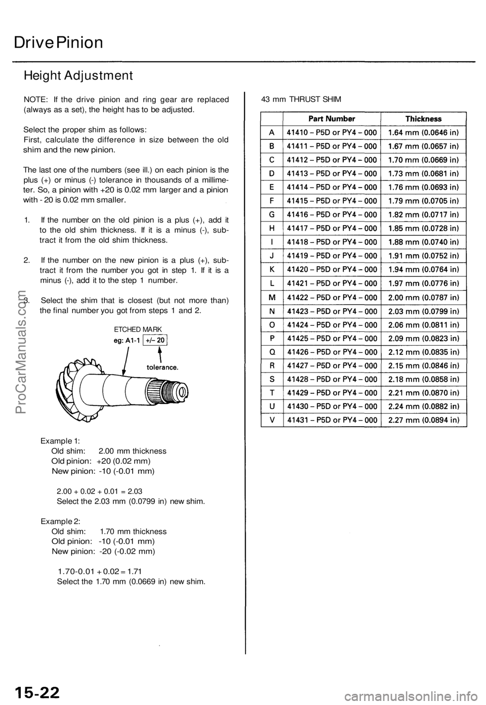 ACURA TL 1995 Service Repair Manual
Drive Pinion
Height Adjustment
NOTE: If the drive pinion and ring gear are replaced
(always as a set), the height has to be adjusted.
Select the proper shim as follows:
First, calculate the diff ACURA TL 1995 Service Repair Manual
Drive Pinion
Height Adjustment
NOTE: If the drive pinion and ring gear are replaced
(always as a set), the height has to be adjusted.
Select the proper shim as follows:
First, calculate the diff