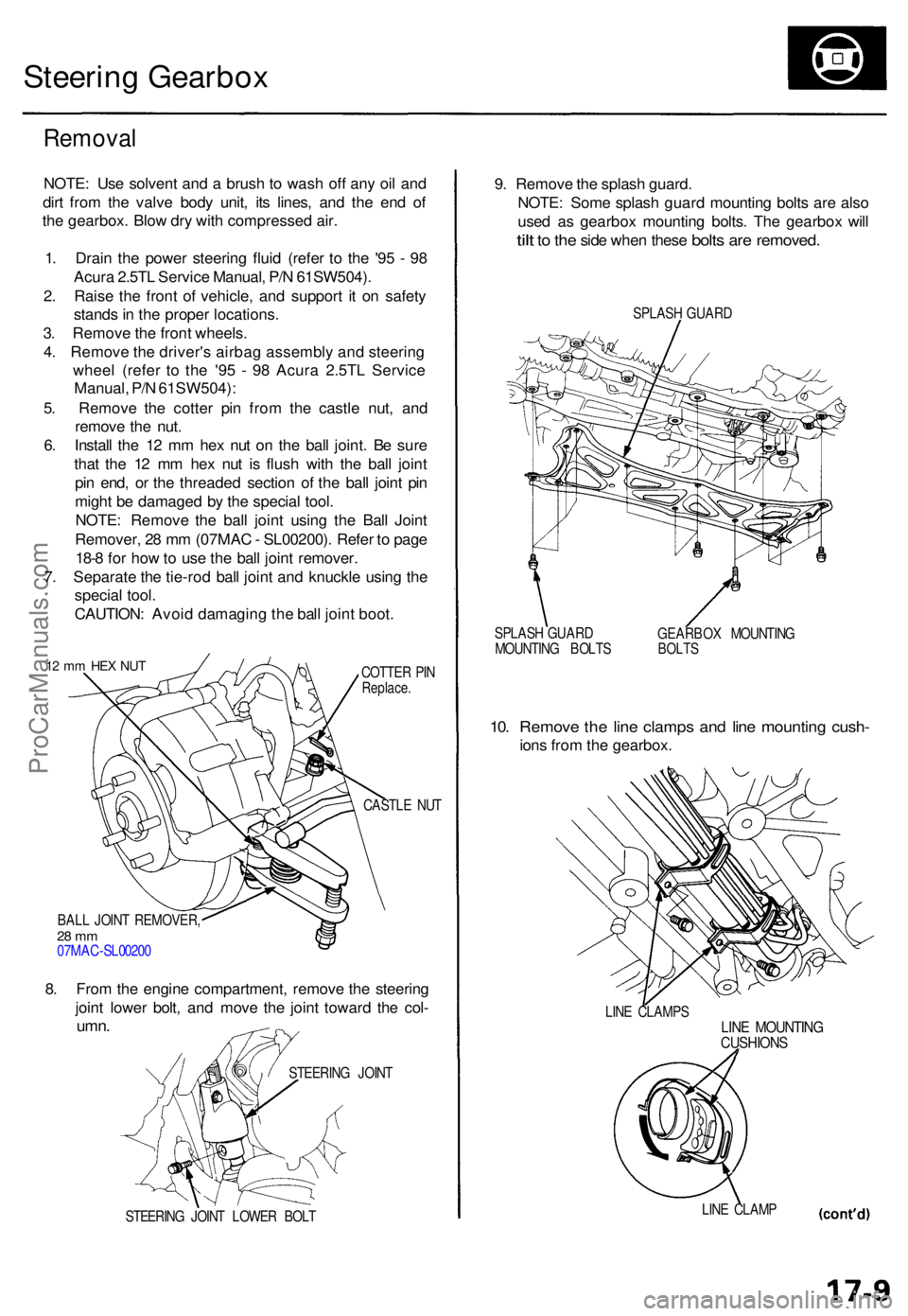 ACURA TL 1995 Service Repair Manual Steering Gearbo x
Remova l
NOTE: Us e solven t an d a brus h t o was h of f an y oi l an d
dir t fro m th e valv e bod y unit , it s lines , an d th e en d o f
th e gearbox . Blo w dr y wit h compres ACURA TL 1995 Service Repair Manual Steering Gearbo x
Remova l
NOTE: Us e solven t an d a brus h t o was h of f an y oi l an d
dir t fro m th e valv e bod y unit , it s lines , an d th e en d o f
th e gearbox . Blo w dr y wit h compres