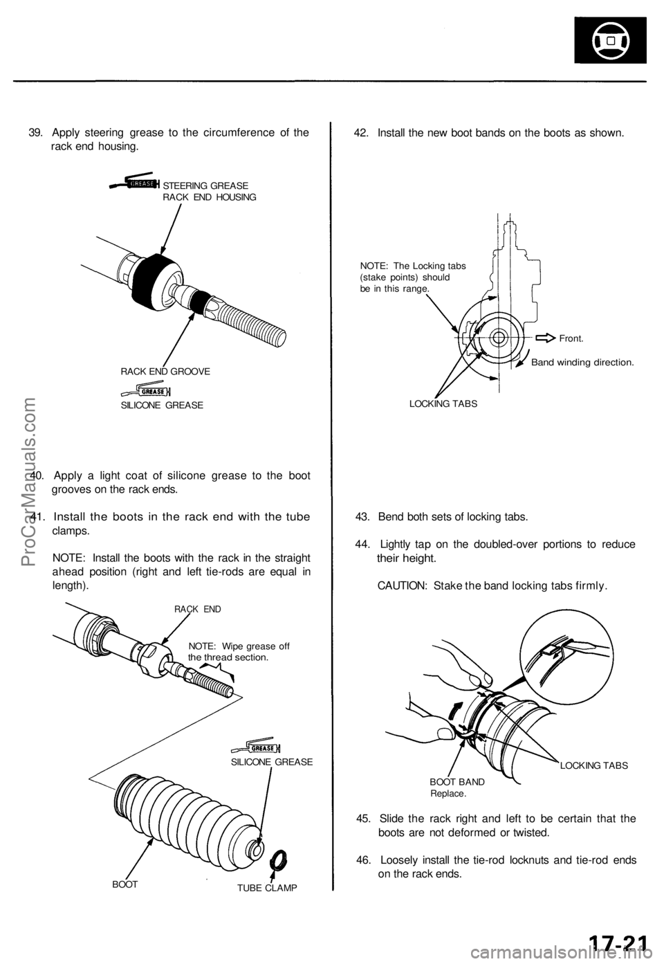 ACURA TL 1995  Service Repair Manual 39. Appl y steerin g greas e t o th e circumferenc e o f th e
rac k en d housing .
STEERIN G GREAS E
RAC K EN D HOUSIN G
RAC K EN D GROOV E
40. Appl y a  ligh t coa t o f silicon e greas e t o th e bo