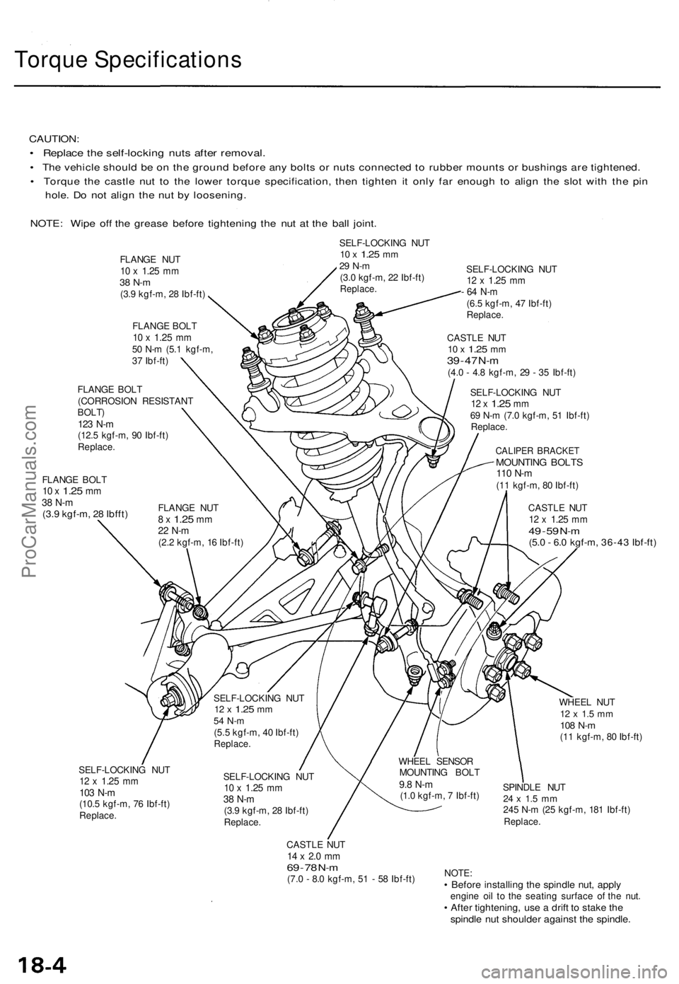 ACURA TL 1995 Service Repair Manual Torque Specification s
CAUTION:
• Replac e th e self-lockin g nut s afte r removal .
• Th e vehicl e shoul d b e o n th e groun d befor e an y bolt s o r nut s connecte d t o rubbe r mount s o r b ACURA TL 1995 Service Repair Manual Torque Specification s
CAUTION:
• Replac e th e self-lockin g nut s afte r removal .
• Th e vehicl e shoul d b e o n th e groun d befor e an y bolt s o r nut s connecte d t o rubbe r mount s o r b