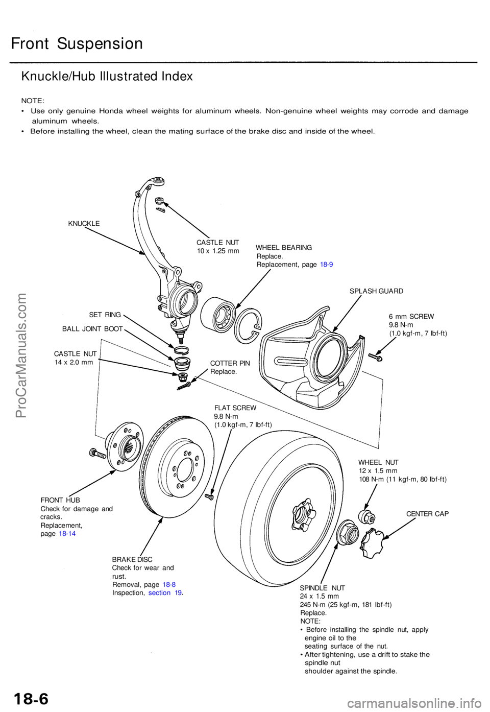ACURA TL 1995 Service Repair Manual Front Suspensio n
Knuckle/Hu b Illustrated Index
NOTE :
• Us e onl y genuin e Hond a whee l weight s fo r aluminu m wheels . Non-genuin e whee l weight s ma y corrod e an d damag e
aluminu m wheels ACURA TL 1995 Service Repair Manual Front Suspensio n
Knuckle/Hu b Illustrated Index
NOTE :
• Us e onl y genuin e Hond a whee l weight s fo r aluminu m wheels . Non-genuin e whee l weight s ma y corrod e an d damag e
aluminu m wheels