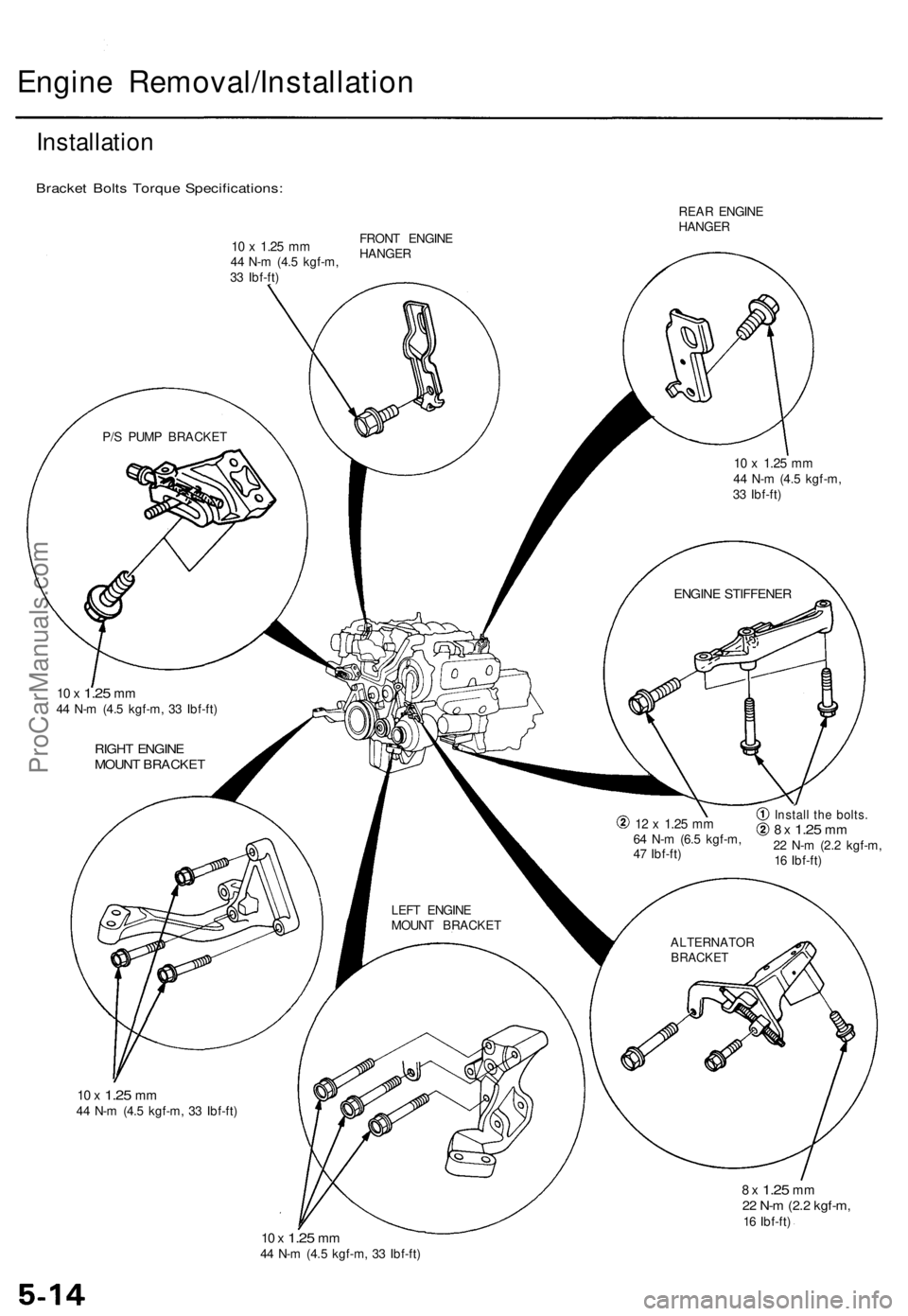 ACURA TL 1995 Service Workshop Manual
Engine Removal/Installation
Installation
Bracket Bolts Torque Specifications:
REAR ENGINE
HANGER
P/S PUMP BRACKET
10 x
1.25
mm
44 N-m (4.5 kgf-m,
33 Ibf-ft)
ENGINE STIFFENER
10 x
1.25
m ACURA TL 1995 Service Workshop Manual
Engine Removal/Installation
Installation
Bracket Bolts Torque Specifications:
REAR ENGINE
HANGER
P/S PUMP BRACKET
10 x
1.25
mm
44 N-m (4.5 kgf-m,
33 Ibf-ft)
ENGINE STIFFENER
10 x
1.25
m