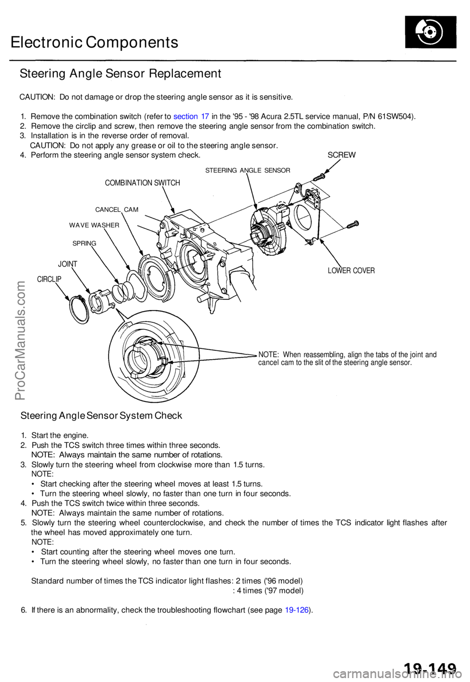 ACURA TL 1995  Service Repair Manual Electronic Component s
Steering Angl e Senso r Replacemen t
CAUTION: D o no t damag e o r dro p th e steerin g angl e senso r a s it i s  sensitive .
1 . Remov e th e combinatio n switc h (refe r t o 