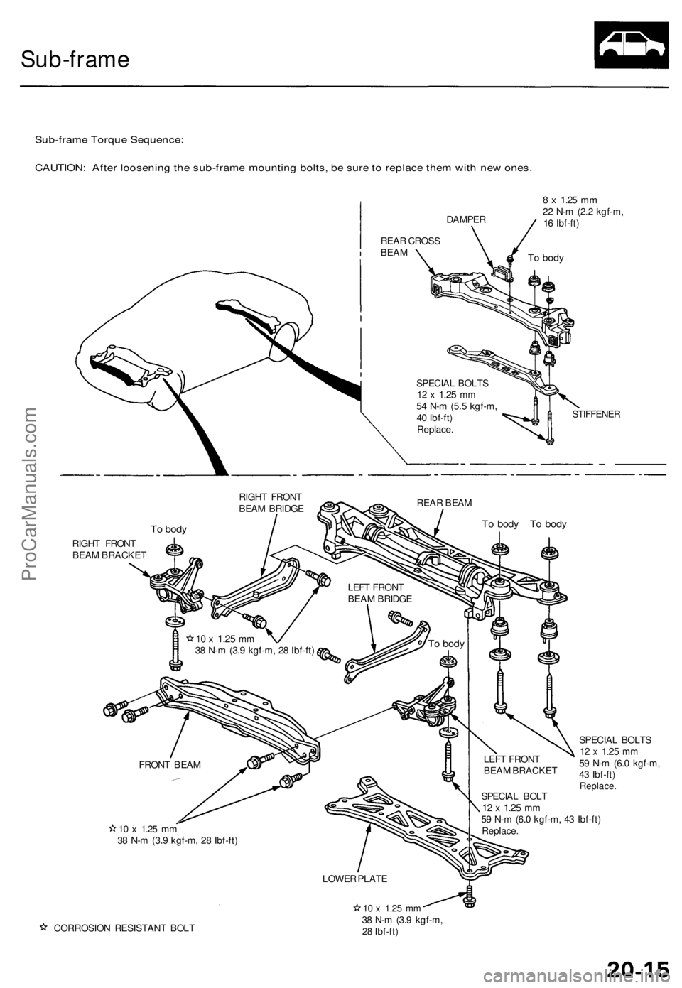ACURA TL 1995  Service Repair Manual 
Sub-frame

Sub-frame Torque Sequence:

CAUTION: After loosening the sub-frame mounting bolts, be sure to replace them with new ones.

REAR CROSS

BEAM 
DAMPER 
8 x
 1.25
 mm

22 N-m (2.2 kgf-m,

16 I