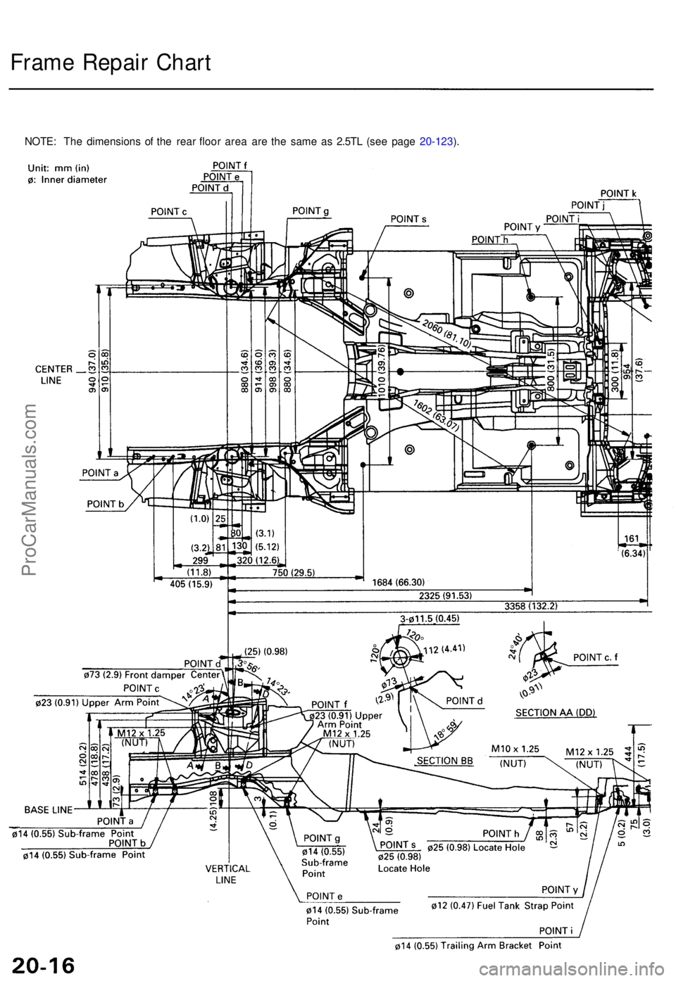 ACURA TL 1995  Service Repair Manual Frame Repai r Char t
NOTE : Th e dimension s o f th e rea r floo r are a ar e th e sam e a s 2.5TL  (see page  20-123).
ProCarManuals.com 