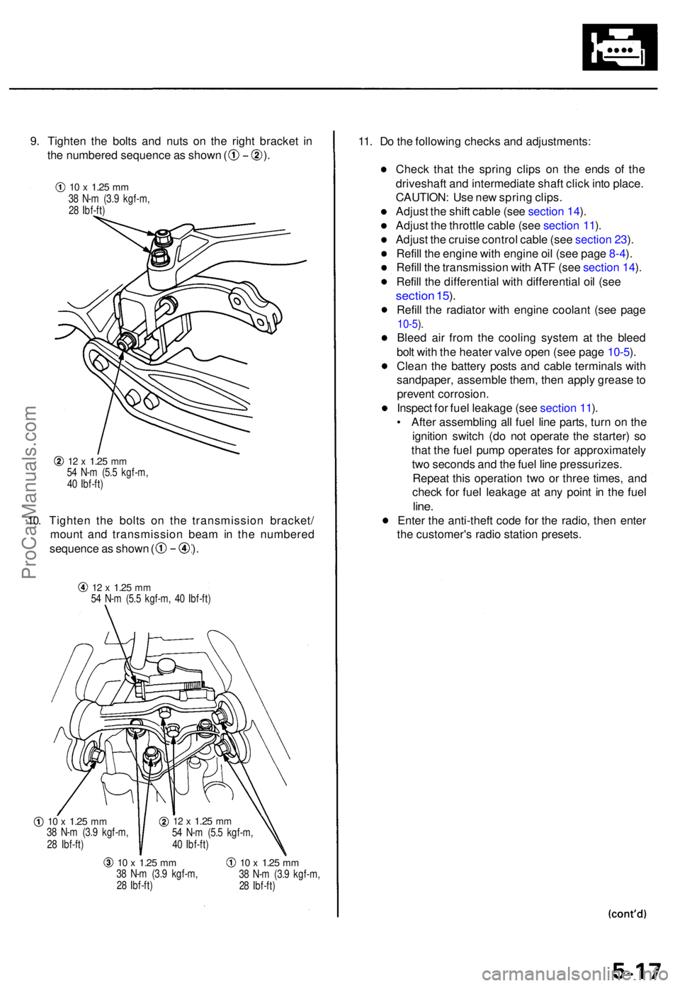 ACURA TL 1995  Service Repair Manual 9. Tighte n th e bolt s an d nut s o n th e righ t bracke t i n
th e numbere d sequenc e a s show n ( ) .
10.
12  x 1.2 5 mm54  N- m (5. 5 kgf-m ,
4 0  Ibf-ft )
Tighte n th e bolt s o n th e transmiss