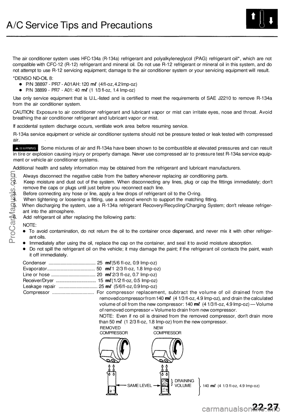 ACURA TL 1995 Service Repair Manual
A/C Service Tips and Precautions
The air
conditioner system uses
HFC-134a
(R-134a)
refrigerant
and
polyalkyleneglycol (PAG) refrigerant
oil*,
which
are not
compatible with CFC-12 (R-12) re ACURA TL 1995 Service Repair Manual
A/C Service Tips and Precautions
The air
conditioner system uses
HFC-134a
(R-134a)
refrigerant
and
polyalkyleneglycol (PAG) refrigerant
oil*,
which
are not
compatible with CFC-12 (R-12) re