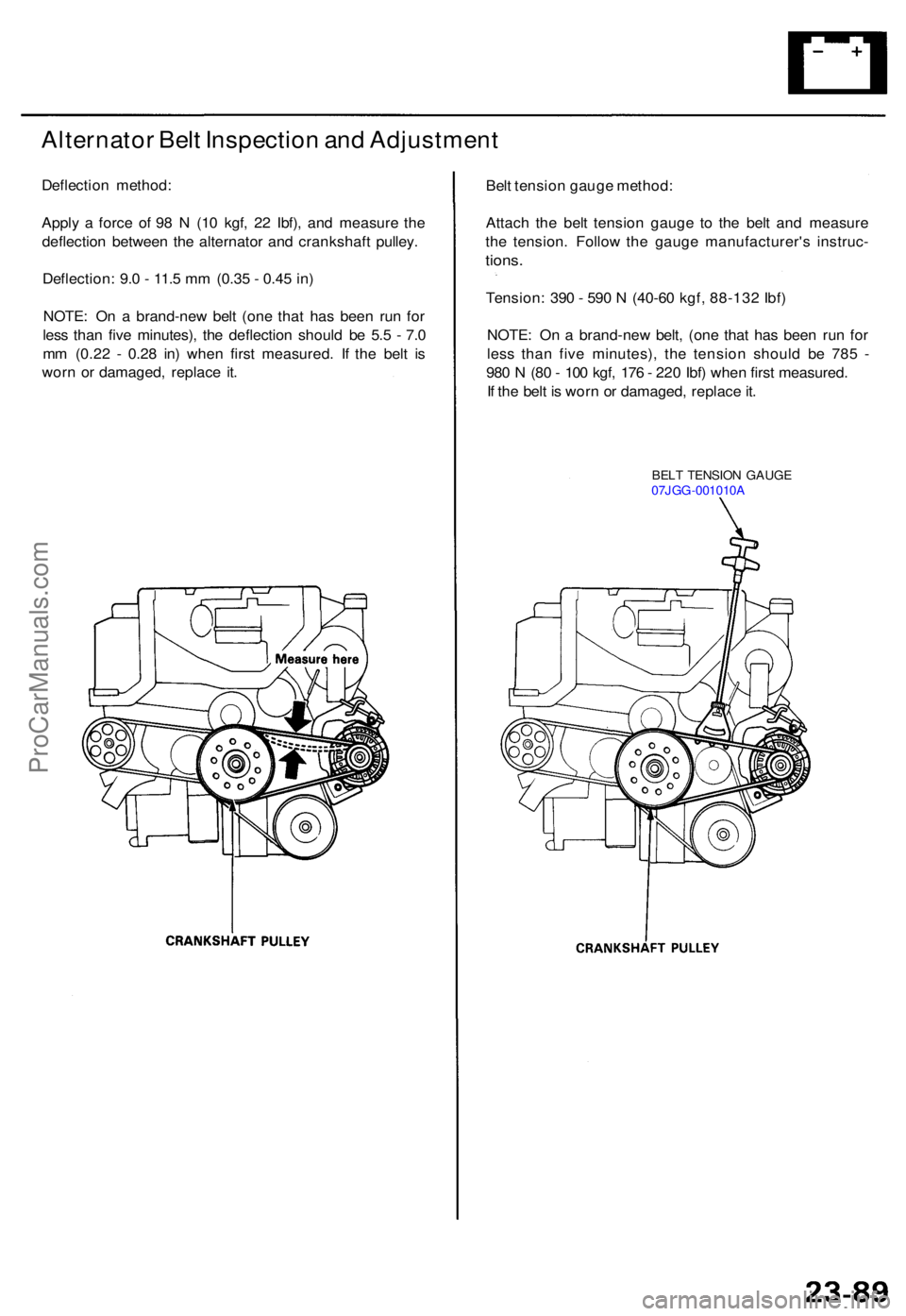 ACURA TL 1995  Service Repair Manual Alternator Bel t Inspectio n an d Adjustmen t
Deflection method :
Appl y a  forc e o f 9 8 N  (1 0 kgf , 2 2 Ibf) , an d measur e th e
deflectio n betwee n th e alternato r an d crankshaf t pulley .
D