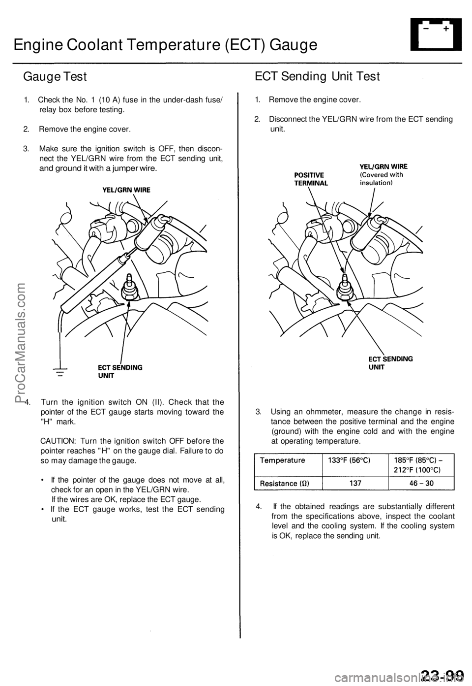 ACURA TL 1995  Service Repair Manual Engine Coolan t Temperatur e (ECT ) Gaug e
Gauge Tes t
1. Chec k th e No . 1  (1 0 A ) fus e i n th e under-das h fuse /
rela y bo x befor e testing .
2 . Remov e th e engin e cover .
3 . Mak e sur e 