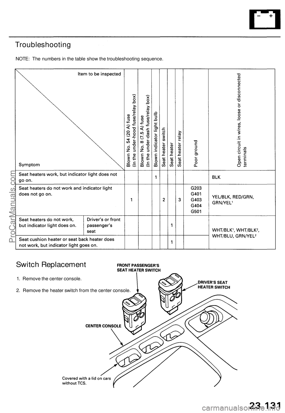 ACURA TL 1995 Service Repair Manual
Troubleshooting
NOTE: The numbers in the table show the troubleshooting sequence.
Switch Replacement
1. Remove the center console.
2. Remove the heater switch from the center console.ProCarManual ACURA TL 1995 Service Repair Manual
Troubleshooting
NOTE: The numbers in the table show the troubleshooting sequence.
Switch Replacement
1. Remove the center console.
2. Remove the heater switch from the center console.ProCarManual